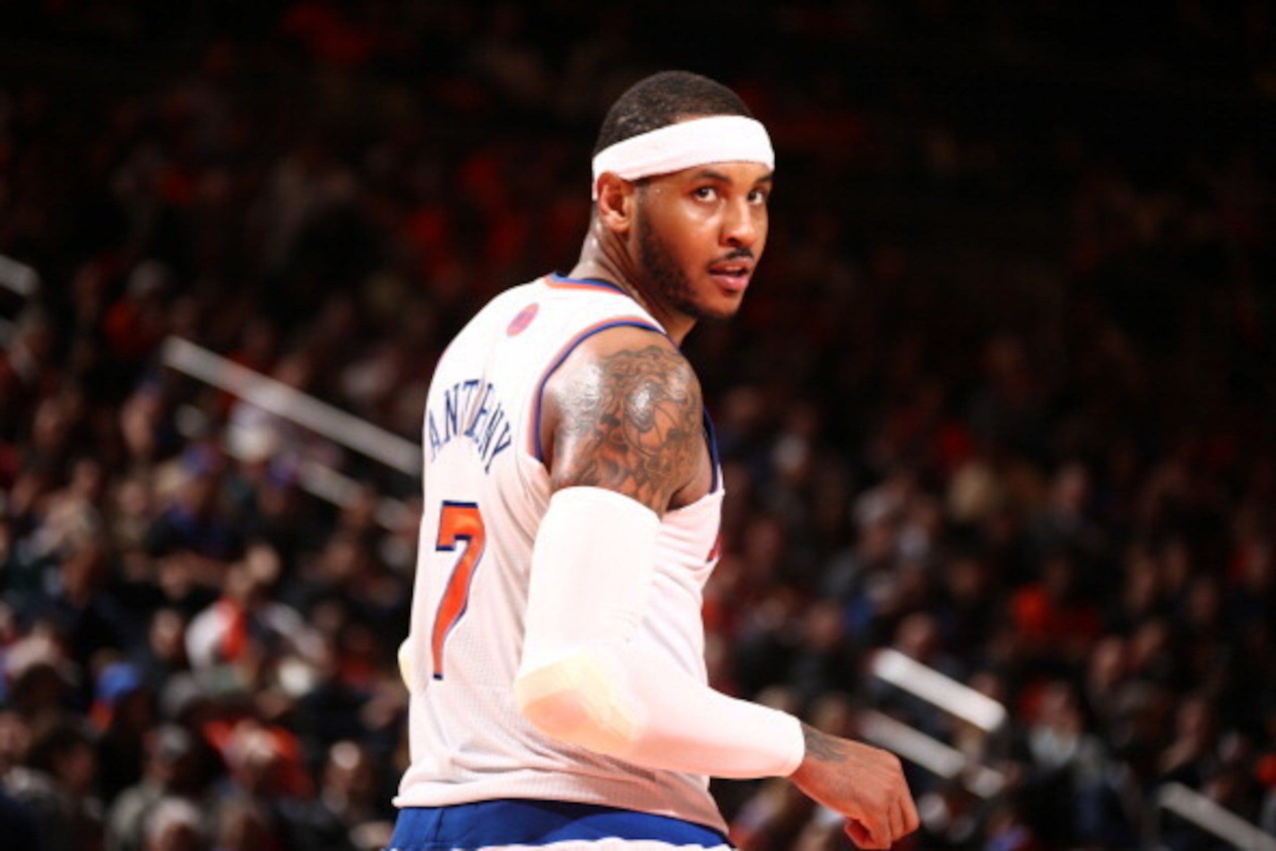 NEW YORK, NY - APRIL 02: Carmelo Anthony #7 of the New York Knicks during a game against the Brooklyn Nets at Madison Square Garden in New York City on April 02, 2014. NOTE TO USER: User expressly acknowledges and agrees that, by downloading and or using NEW YORK, NY - APRIL 02: Carmelo Anthony #7 of the New York Knicks during a game against the Brooklyn Nets at Madison Square Garden in New York City on April 02, 2014. NOTE TO USER: User expressly acknowledges and agrees that, by downloading and or using