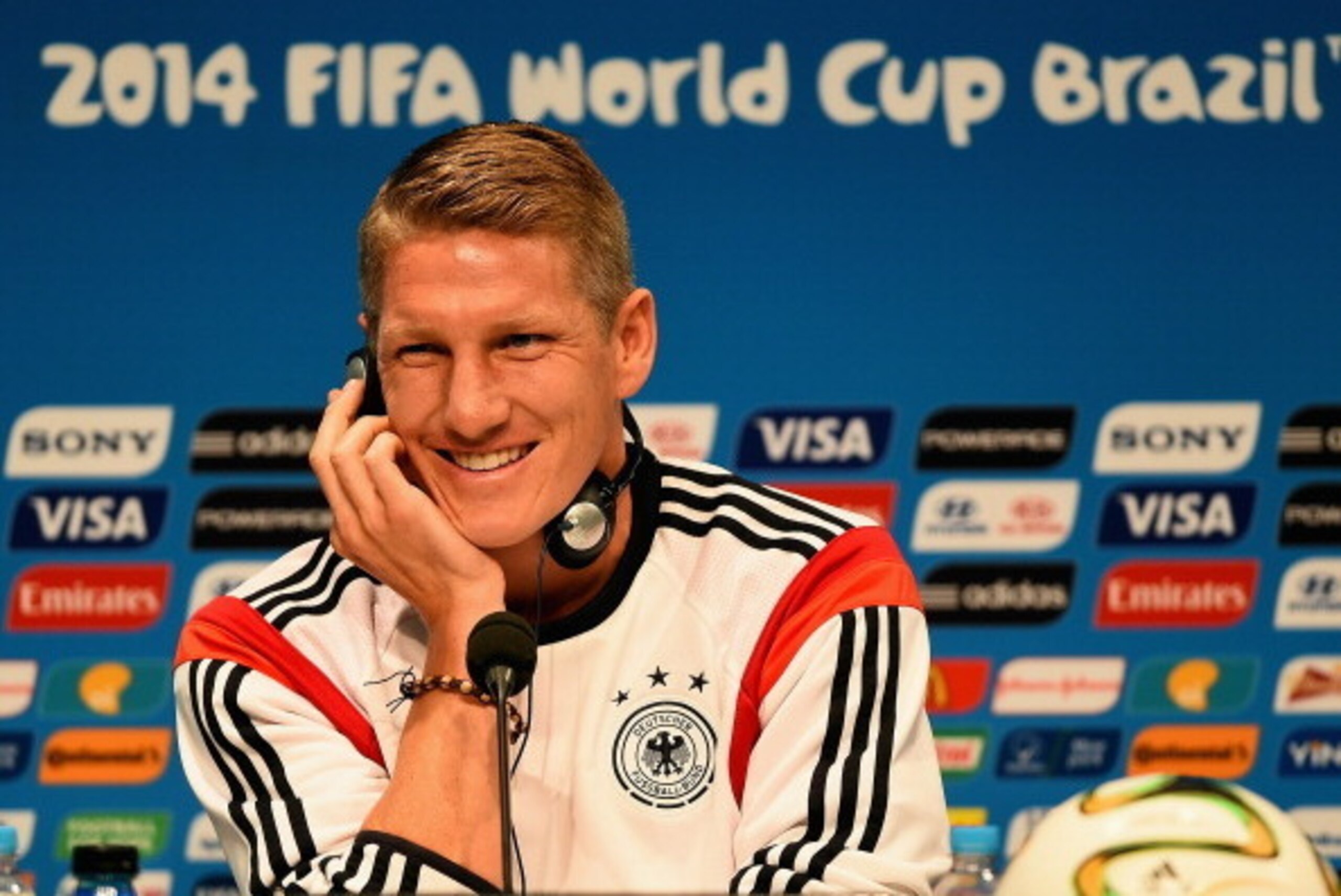 RIO DE JANEIRO, BRAZIL - JULY 12:  Bastian Schweinsteiger of Germany talks with the media during a press conference ahead of the World Cup Final at Maracana on July 12, 2014 in Rio de Janeiro, Brazil.  (Photo by Laurence Griffiths/Getty Images)