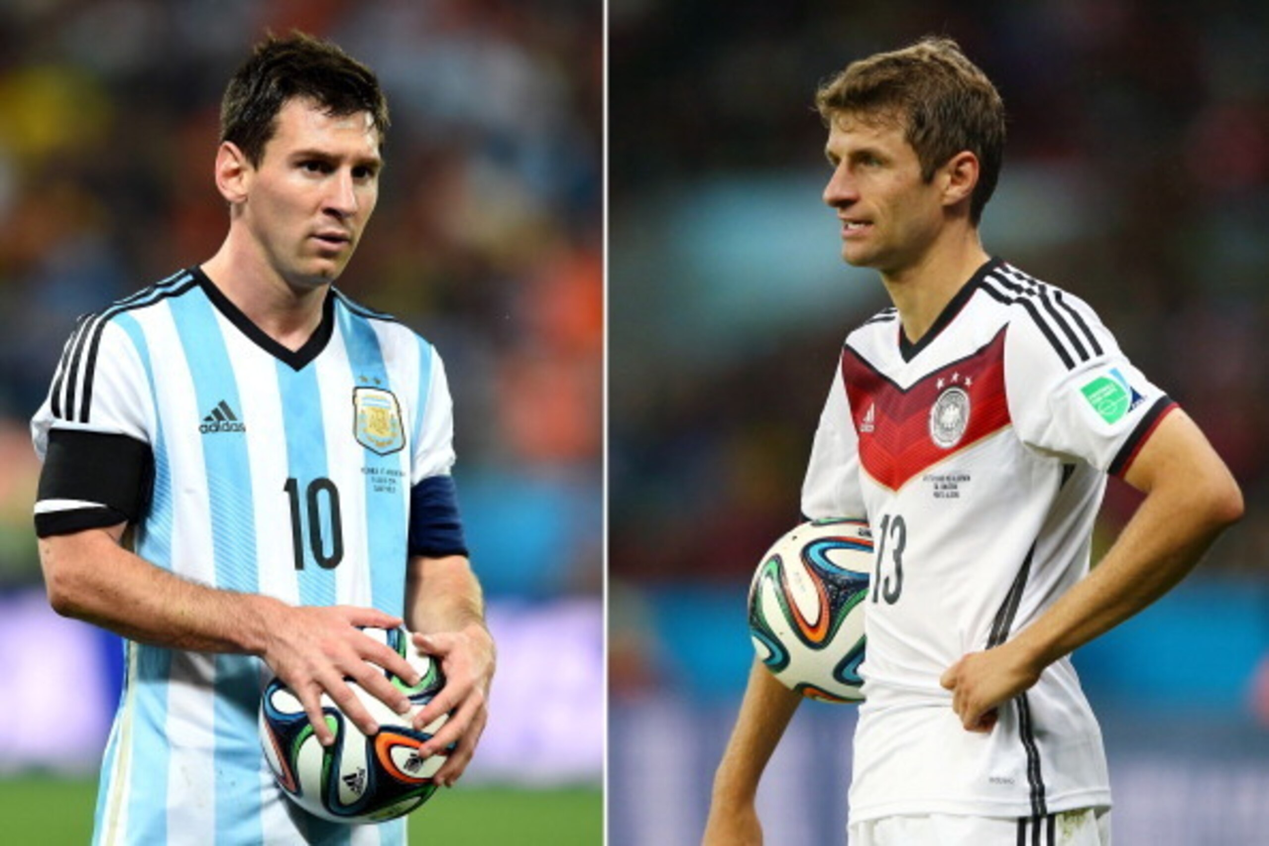 FILE PHOTO - EDITORS NOTE: COMPOSITE OF TWO IMAGES - Image Numbers 451925716 (L) and 451525030) In this composite image a comparison has been made between Lionel Messi of Argentina and Thomas Mueller of Germany. Germany and Argentina play each other in th FILE PHOTO - EDITORS NOTE: COMPOSITE OF TWO IMAGES - Image Numbers 451925716 (L) and 451525030) In this composite image a comparison has been made between Lionel Messi of Argentina and Thomas Mueller of Germany. Germany and Argentina play each other in th