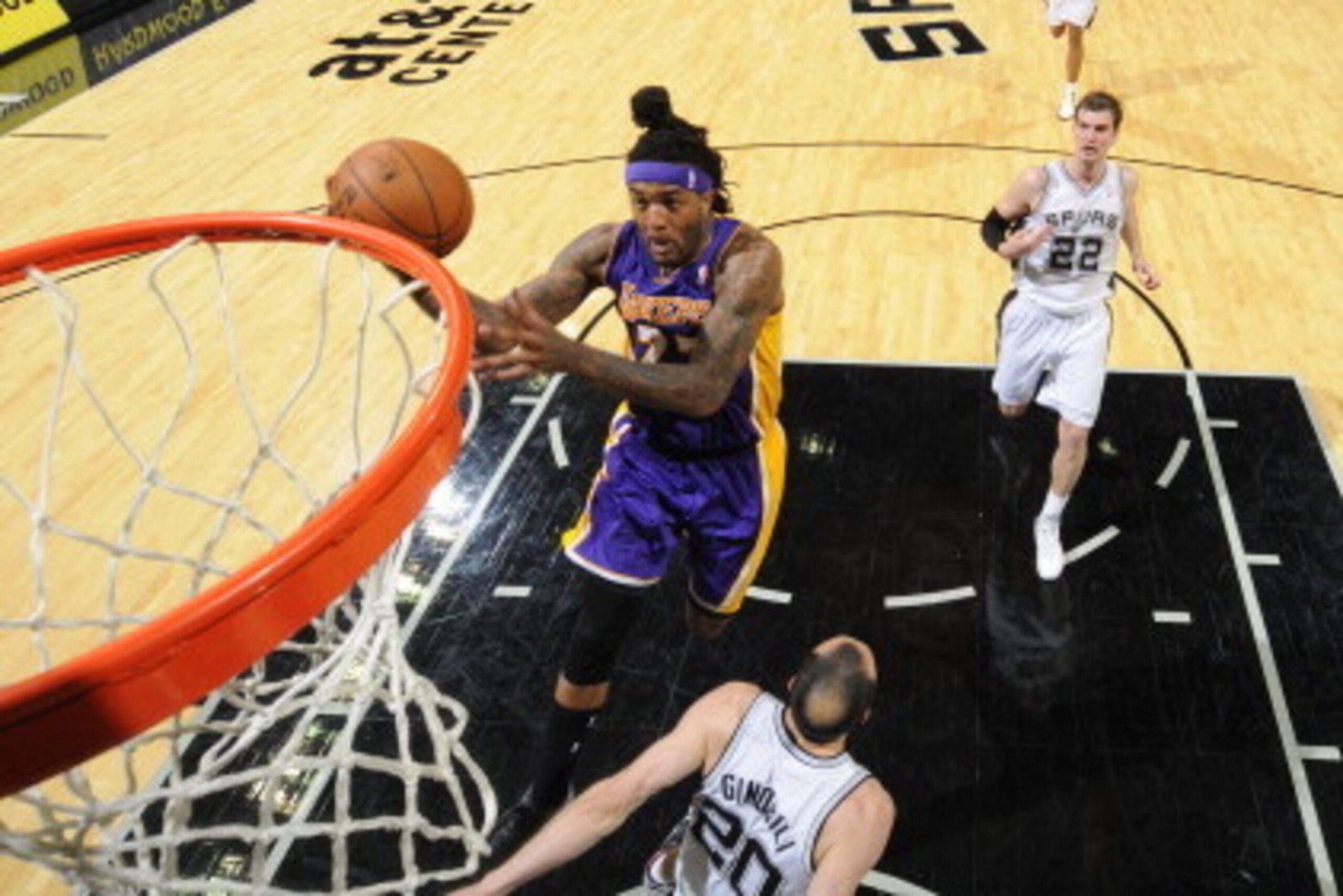 SAN ANTONIO, TX - April 16: Jordan Hill #27 of the Los Angeles Lakers goes up for a shot against the San Antonio Spurs during the game at the AT&T Center on April 16, 2014 in San Antonio, Texas. NOTE TO USER: User expressly acknowledges and agrees that, b SAN ANTONIO, TX - April 16: Jordan Hill #27 of the Los Angeles Lakers goes up for a shot against the San Antonio Spurs during the game at the AT&T Center on April 16, 2014 in San Antonio, Texas. NOTE TO USER: User expressly acknowledges and agrees that, b