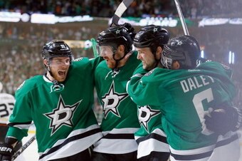 DALLAS, TX - APRIL 21:  (L-R) Tyler Seguin #91 of the Dallas Stars; Patrik Nemeth #37 of the Dallas Stars; Jamie Benn #14 of the Dallas Stars; and Trevor Daley #6 of the Dallas Stars celebrate after Benn scored against the Anaheim Ducks in the first perio