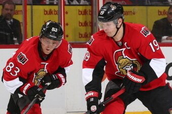 OTTAWA, ON - APRIL 10: Ales Hemsky #83 and Jason Spezza #19 of the Ottawa Senators pass the puck against the New Jersey Devils at Canadian Tire Centre on April 10, 2014 in Ottawa, Ontario, Canada.  (Photo by Andre Ringuette/NHLI via Getty Images)