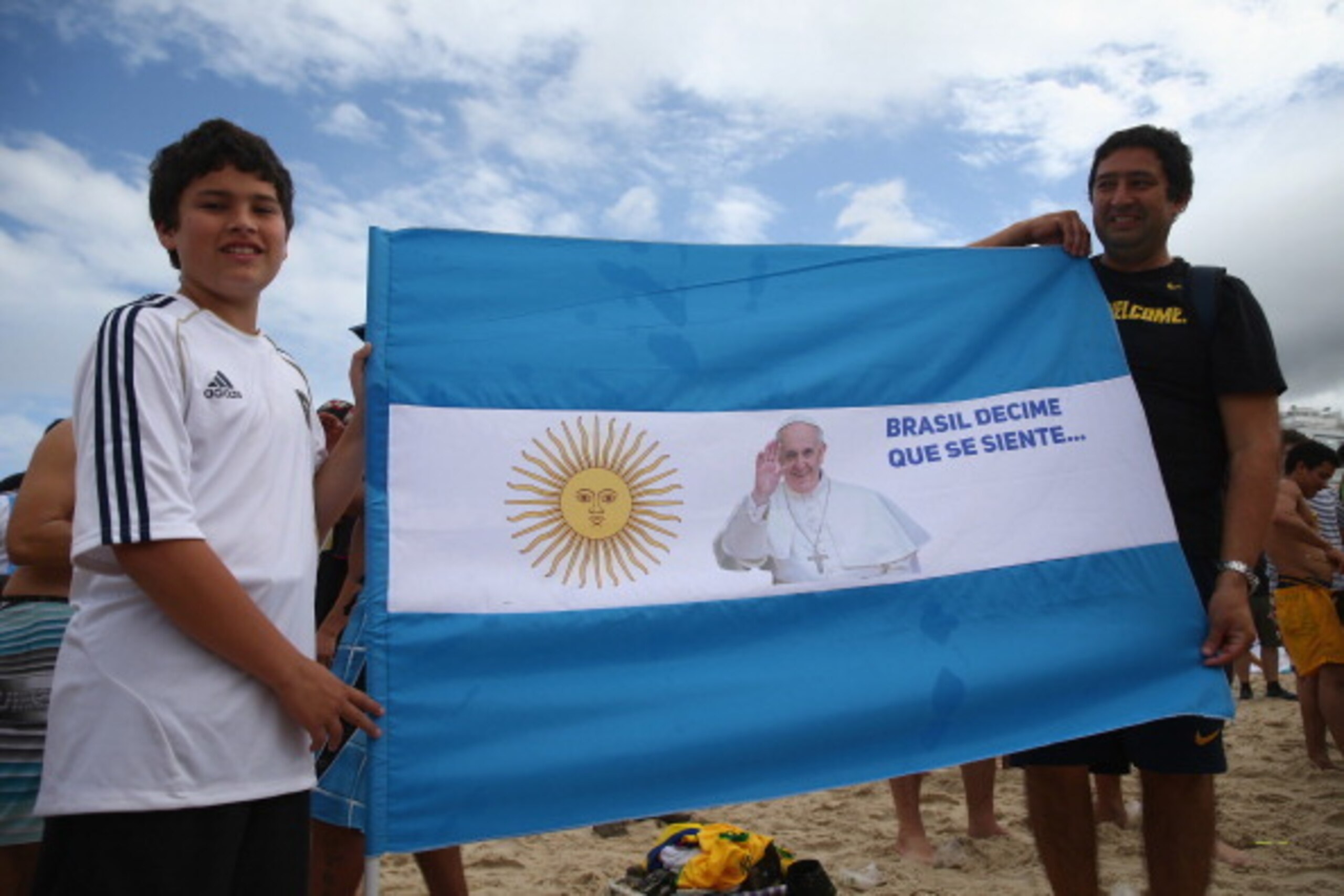 RIO DE JANEIRO, BRAZIL - JULY 12:  Argentina fans gather on Copacabana Beach ahead of the 2014 FIFA World Cup Brazil Final match on July 12, 2014 in Rio de Janeiro, Brazil.  (Photo by Michael Steele/Getty Images)