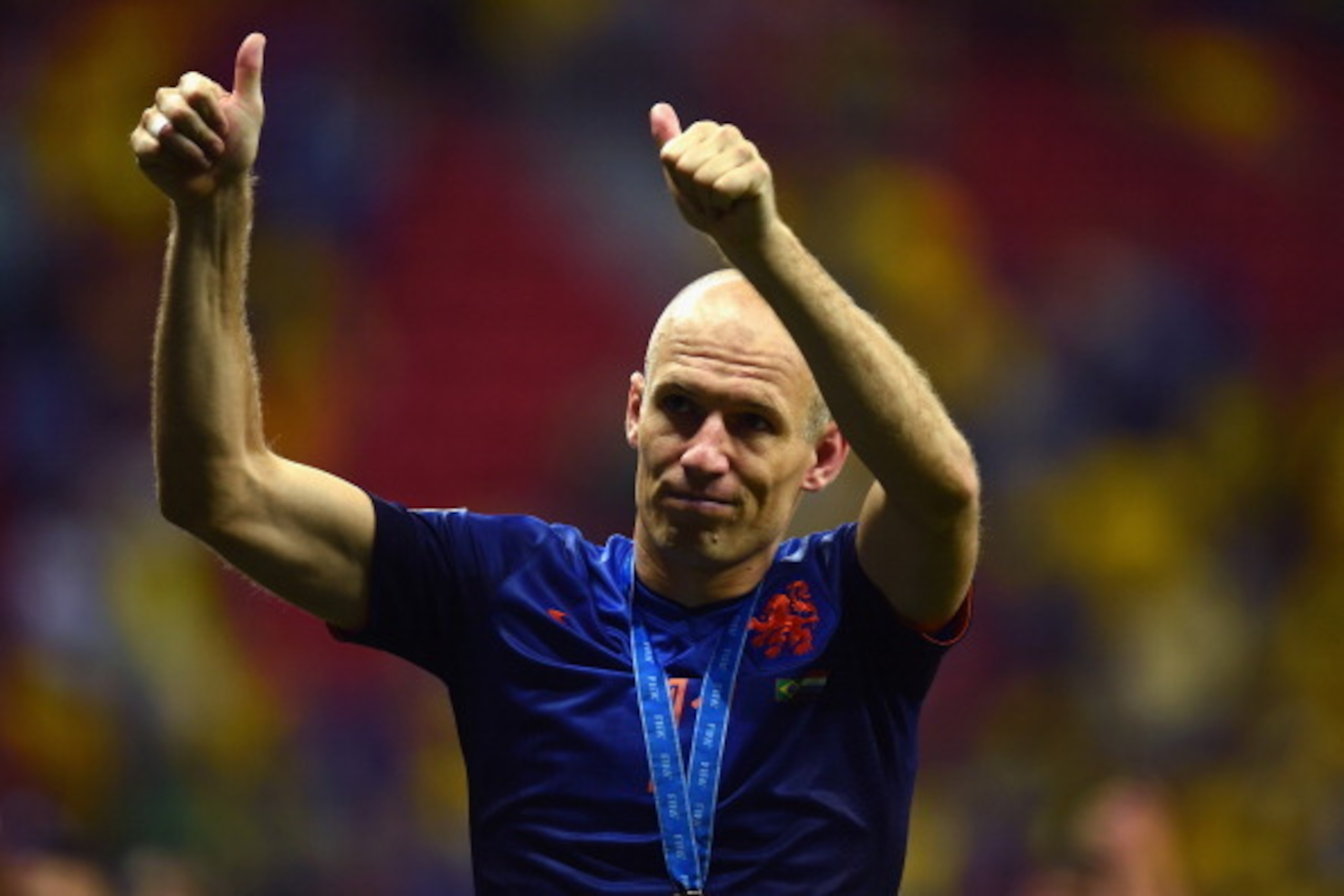 BRASILIA, BRAZIL - JULY 12:  Arjen Robben of the Netherlands acknowledges the fans after defeating Brazil 3-0in the 2014 FIFA World Cup Brazil Third Place Playoff match between Brazil and the Netherlands at Estadio Nacional on July 12, 2014 in Brasilia, B