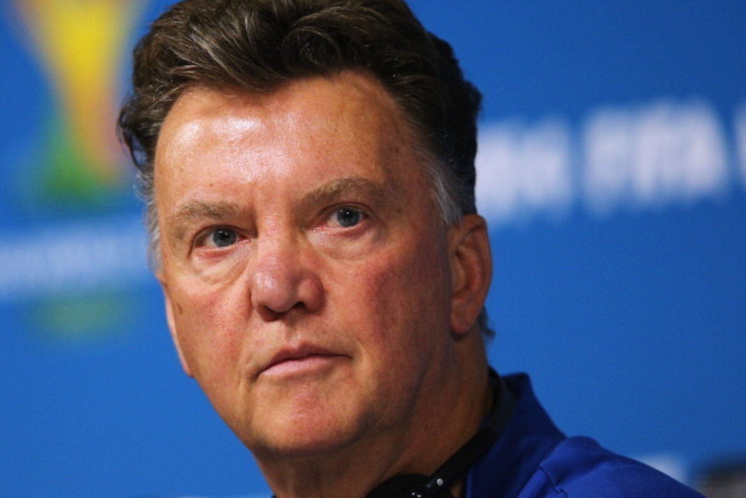 SAO PAULO, BRAZIL - JULY 08:  Head coach, Louis van Gaal speaks to the media during the Netherlands Press Conference at the 2014 FIFA World Cup Brazil held at the Arena de Sao Paulo on July 8, 2014 in Sao Paulo, Brazil.  (Photo by Dean Mouhtaropoulos/Gett