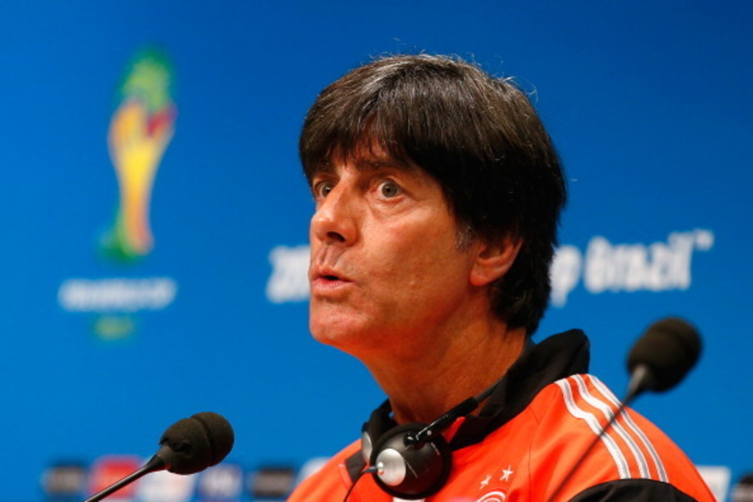 RIO DE JANEIRO, BRAZIL - JULY 12:  Joachim Low of Germany talks to the media during a press conference at Maracana on July 12, 2014 in Rio de Janeiro, Brazil.  (Photo by Clive Rose/Getty Images)