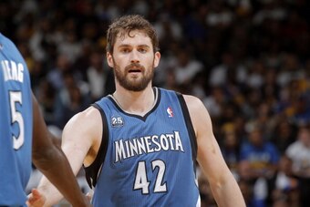 OAKLAND, CA - APRIL 14: Kevin Love #42 of the Minnesota Timberwolves during a game against the Golden State Warriors on April 14, 2014 at Oracle Arena in Oakland, California. NOTE TO USER: User expressly acknowledges and agrees that, by downloading and or
