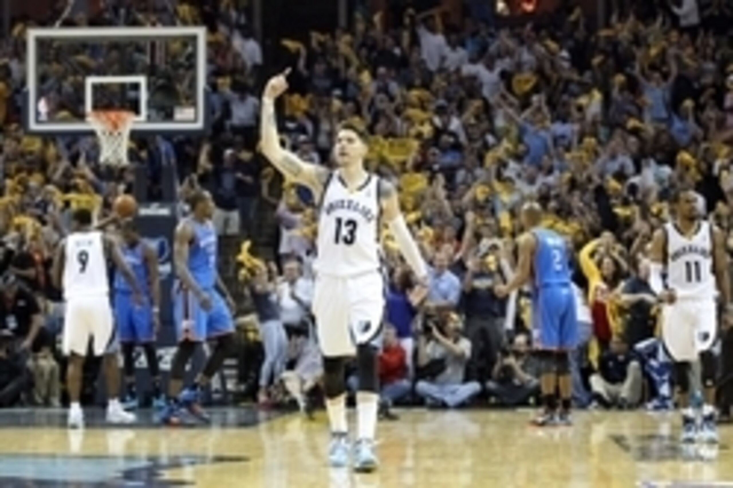Apr 26, 2014; Memphis, TN, USA; Memphis Grizzlies guard Mike Miller (13) reacts after hitting a three point shot against the Oklahoma City Thunder in game four of the first round of the 2014 NBA Playoffs at FedExForum. Thunder defeated the Grizzlies 92-89