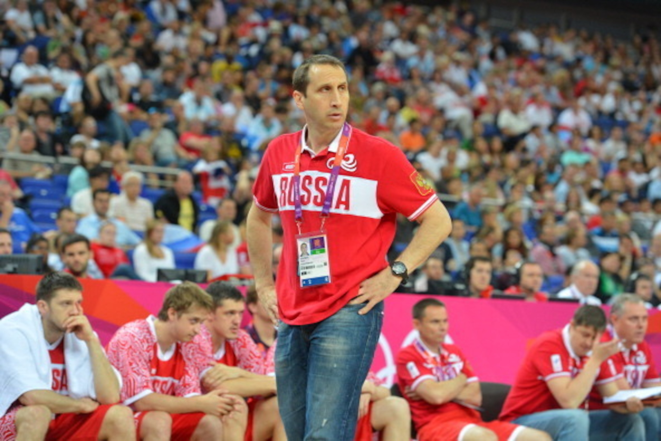 LONDON, ENGLAND - AUGUST 12: Head Coach David Blatt of Russia looks on versus Argentina during their Basketball Game on Day 16 of the London 2012 Olympic Games at the North Greenwich Arena on August 12, 2012 in London, England. NOTE TO USER: User expressl