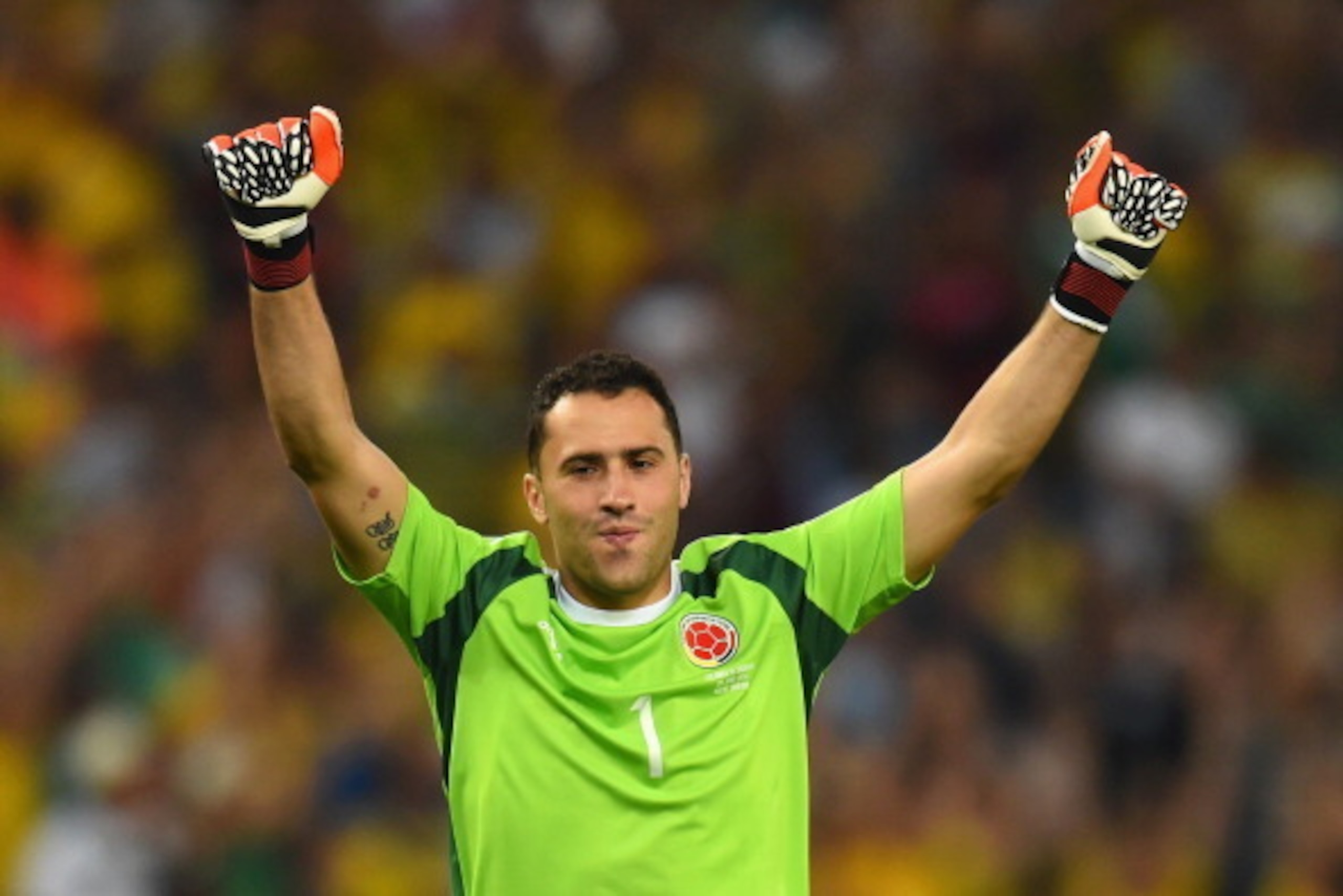 RIO DE JANEIRO, BRAZIL - JUNE 28: David Ospina of Colombia celebrates after his team's first goal during the 2014 FIFA World Cup Brazil round of 16 match between Colombia and Uruguay at Maracana on June 28, 2014 in Rio de Janeiro, Brazil.  (Photo by Matth