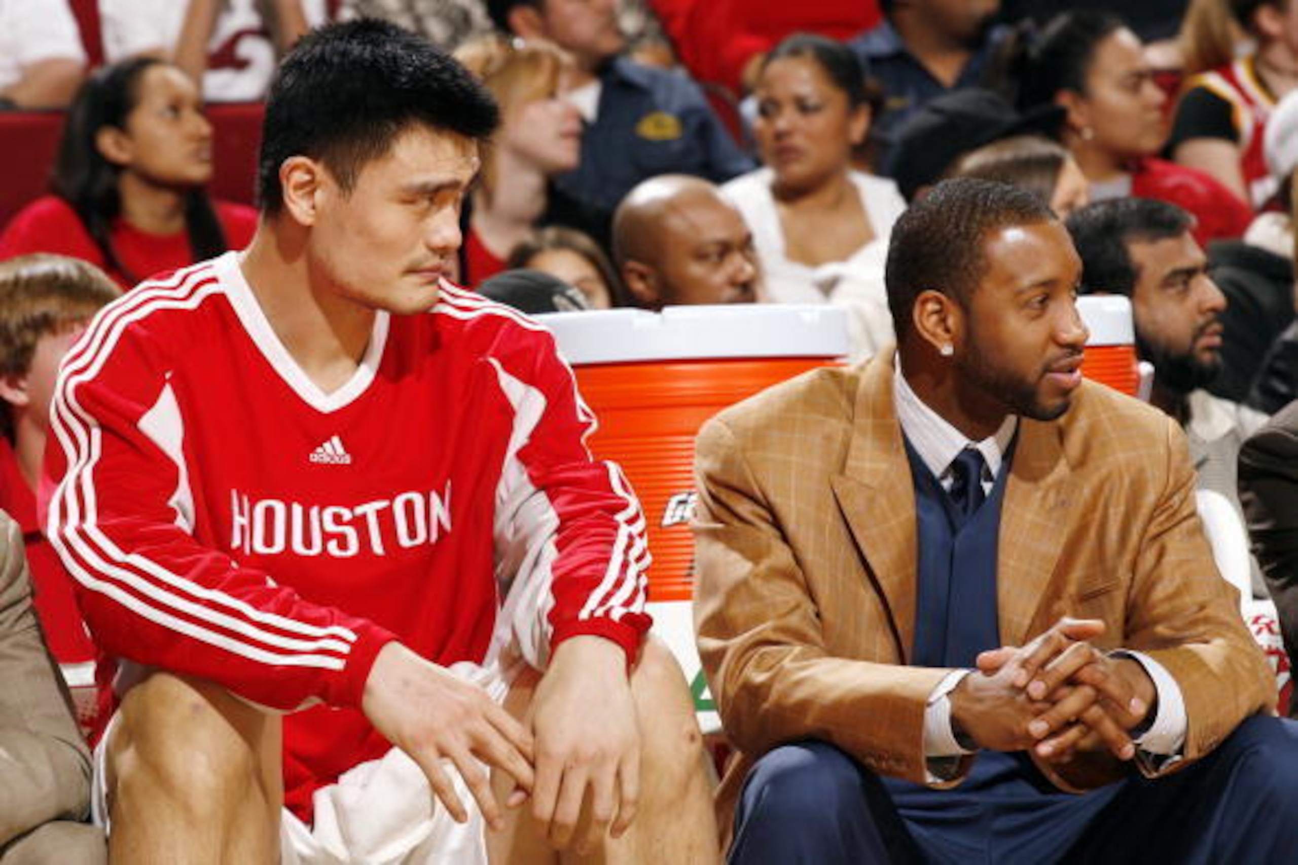 HOUSTON - JANUARY 19:  Yao Ming and Tracy McGrady of the Houston Rockets look on during the game against the Denver Nuggets at Toyota Center on January 19, 2009 in Houston, Texas.  The Rockets won 115-113.  NOTE TO USER: User expressly acknowledges and ag