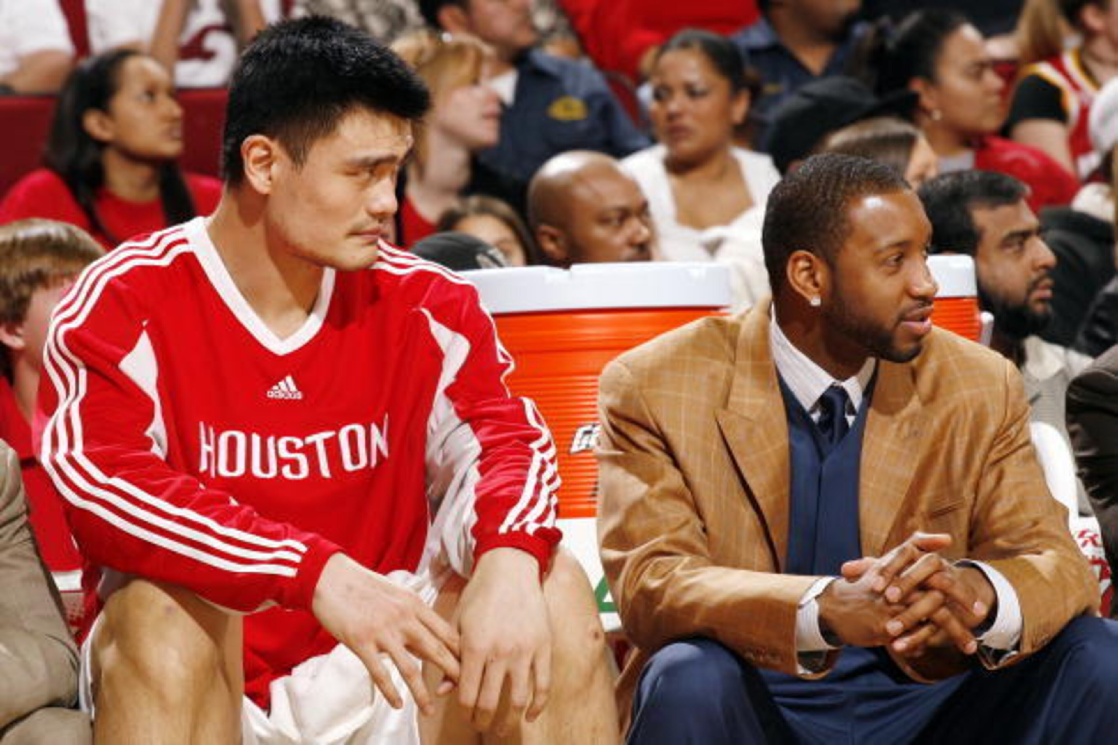HOUSTON - JANUARY 19:  Yao Ming and Tracy McGrady of the Houston Rockets look on during the game against the Denver Nuggets at Toyota Center on January 19, 2009 in Houston, Texas.  The Rockets won 115-113.  NOTE TO USER: User expressly acknowledges and ag