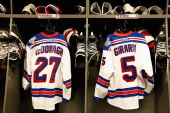 LOS ANGELES, CA - JUNE 07: The jerseys of Ryan McDonagh #27 and Dan Girardi #5 of the New York Rangers hang in the locker room before Game Two of the 2014 Stanley Cup Final against the Los Angeles Kings at Staples Center on June 7, 2014 in Los Angeles, C LOS ANGELES, CA - JUNE 07: The jerseys of Ryan McDonagh #27 and Dan Girardi #5 of the New York Rangers hang in the locker room before Game Two of the 2014 Stanley Cup Final against the Los Angeles Kings at Staples Center on June 7, 2014 in Los Angeles, C