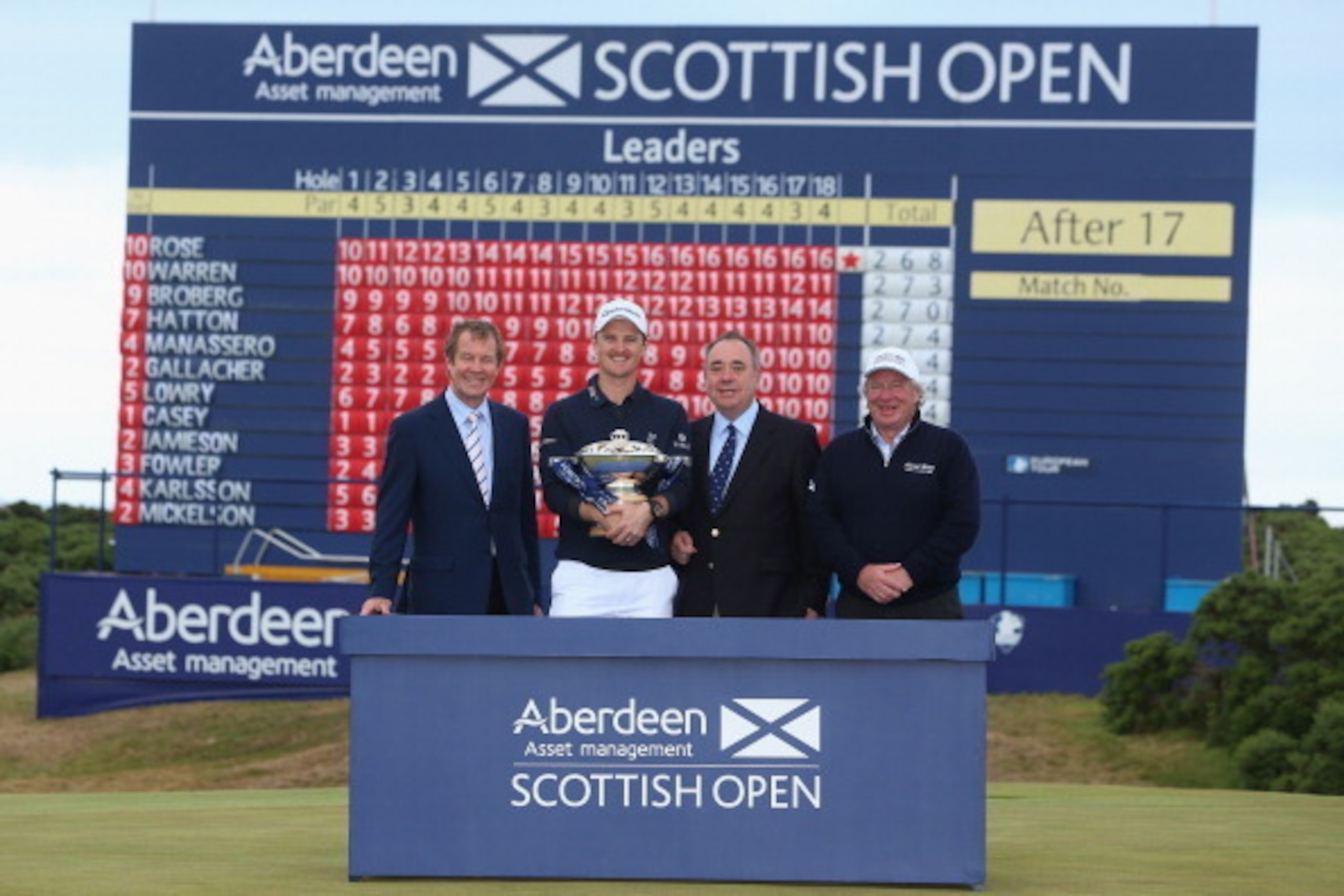 ABERDEEN, SCOTLAND - JULY 13: (L-R) George O'Grady (Chief Executive of The European Tour) , Justin Rose of England, the Rt Hon Alex Salmond MSP (First Minister of Scotland) and Martin Gilbert (Chief Executive of Aberdeen Asset Management) pose with the tr