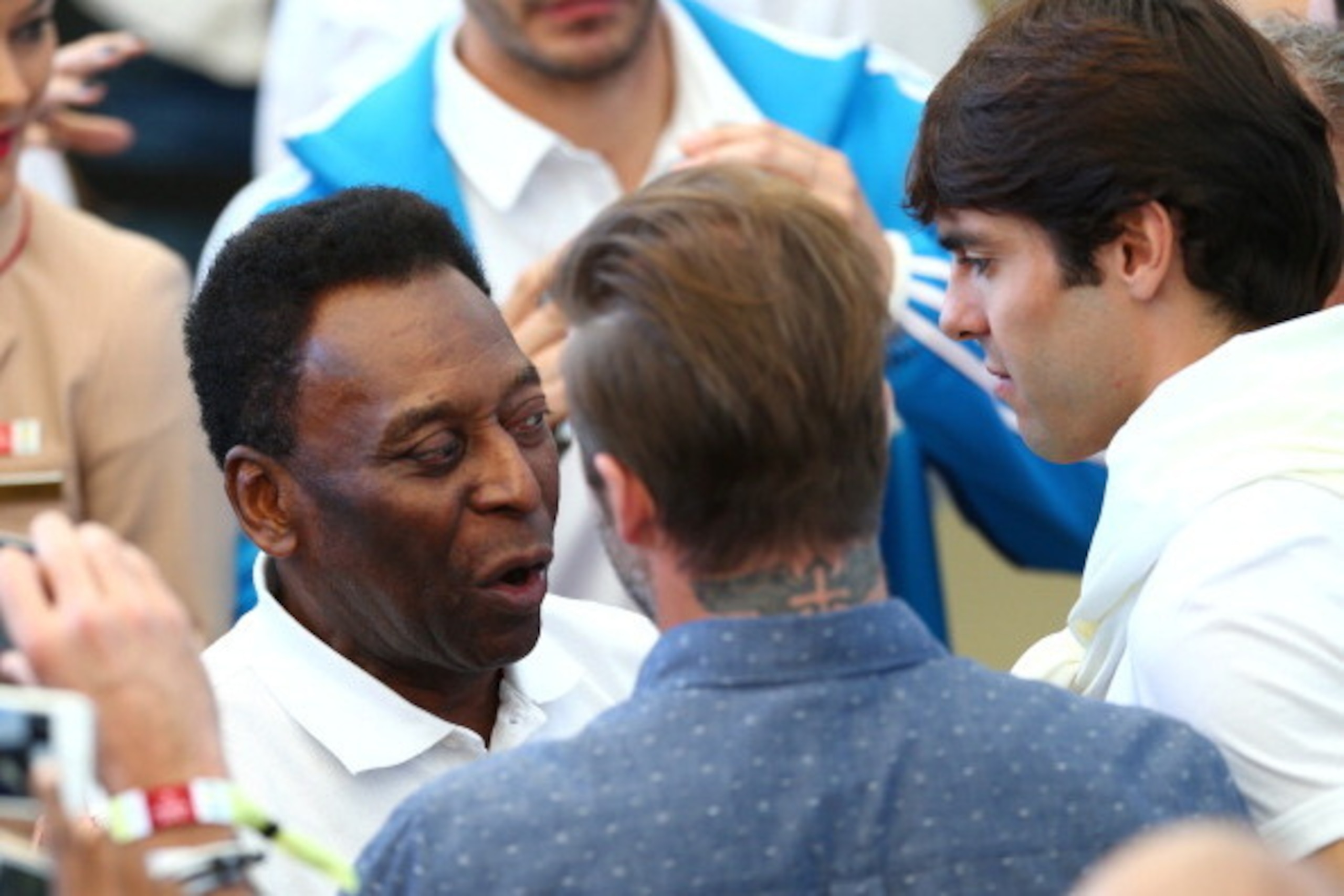 RIO DE JANEIRO, BRAZIL - JULY 13:  (L-R) Former Brazilian international Pele,former England international David Beckham and former Brazilian international Kaka look on prior to the 2014 FIFA World Cup Brazil Final match between Germany and Argentina at Ma