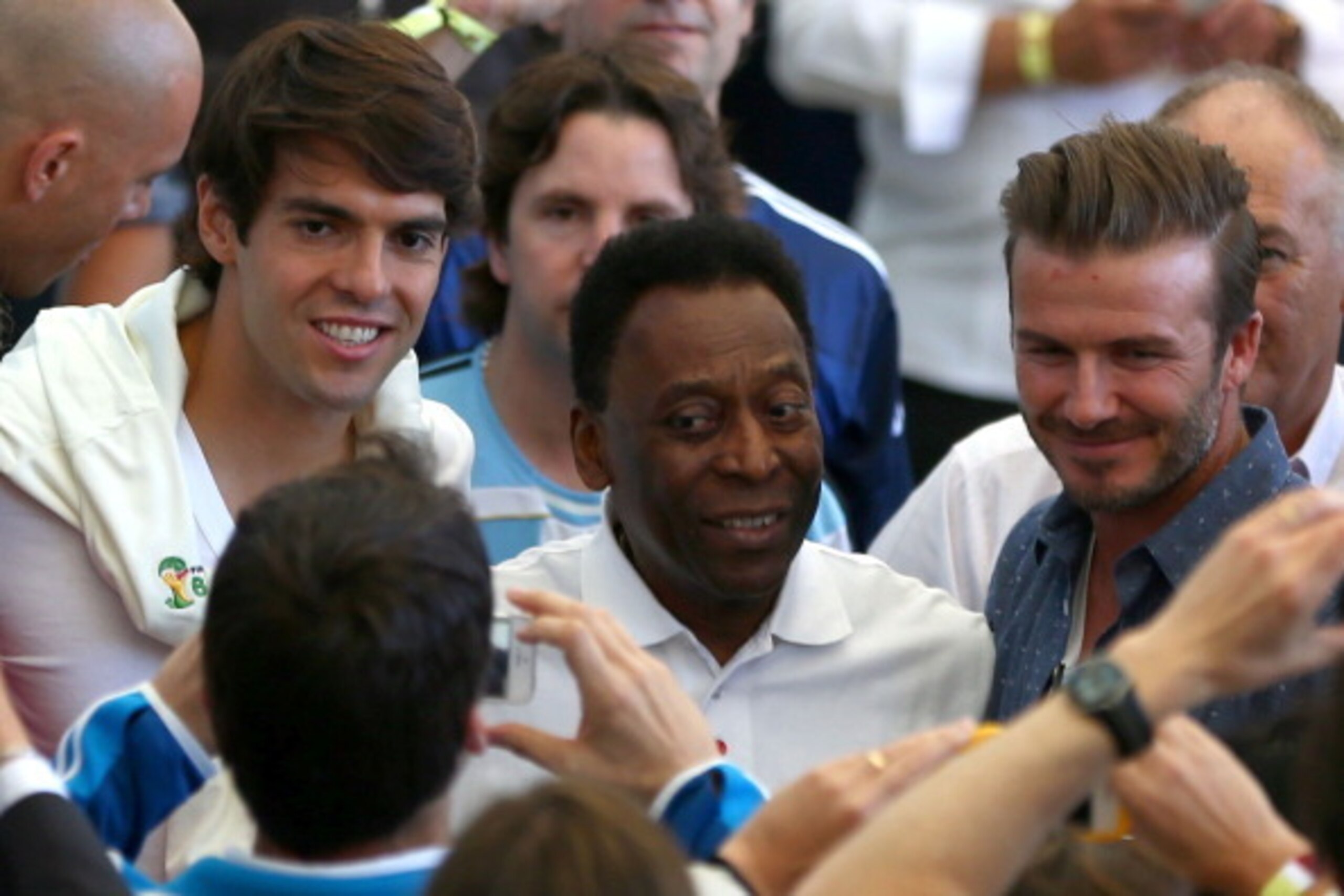 RIO DE JANEIRO, BRAZIL - JULY 13:  (L-R) Former Brazilian international Kaka, former Brazilian international Pele and former England international David Beckham look on prior to the 2014 FIFA World Cup Brazil Final match between Germany and Argentina at M