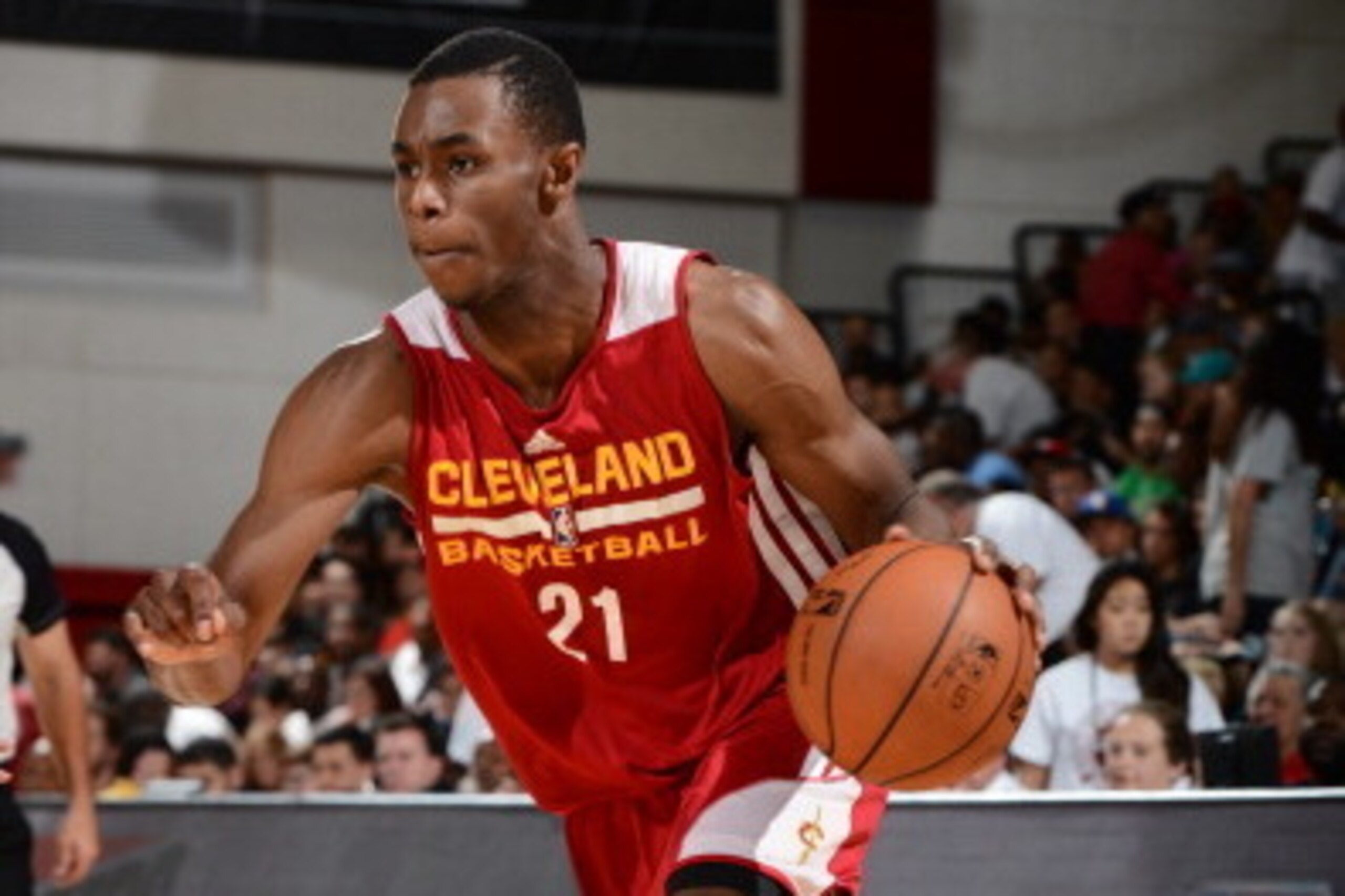 LAS VEGAS, NV - JULY 13:  Andrew Wiggins #21 of the Cleveland Cavaliers handles the ball against the San Antonio Spurs on July 13, 2014 at Cox Pavilion in Las Vegas, Nevada. NOTE TO USER: User expressly acknowledges and agrees that, by downloading and or 