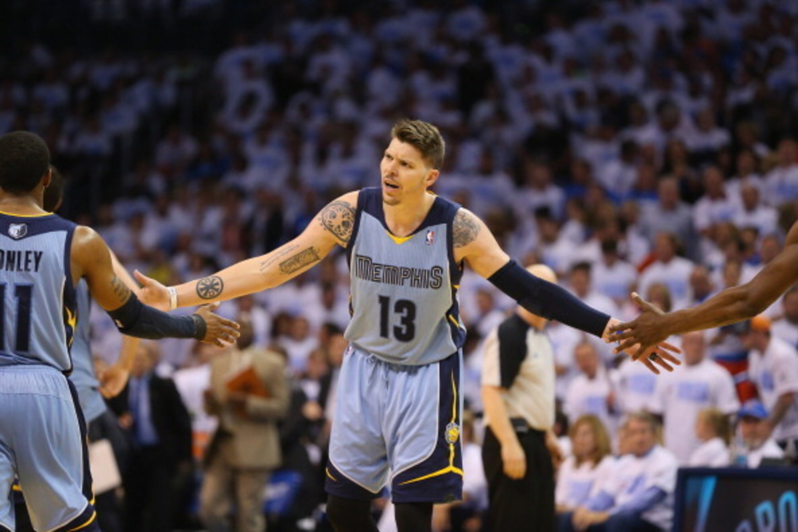 OKLAHOMA CITY, OK - APRIL 29:  Mike Miller #13 of the Memphis Grizzlies in Game Five of the Western Conference Quarterfinals during the 2014 NBA Playoffs at Chesapeake Energy Arena on April 29, 2014 in Oklahoma City, Oklahoma.  NOTE TO USER: User expressl
