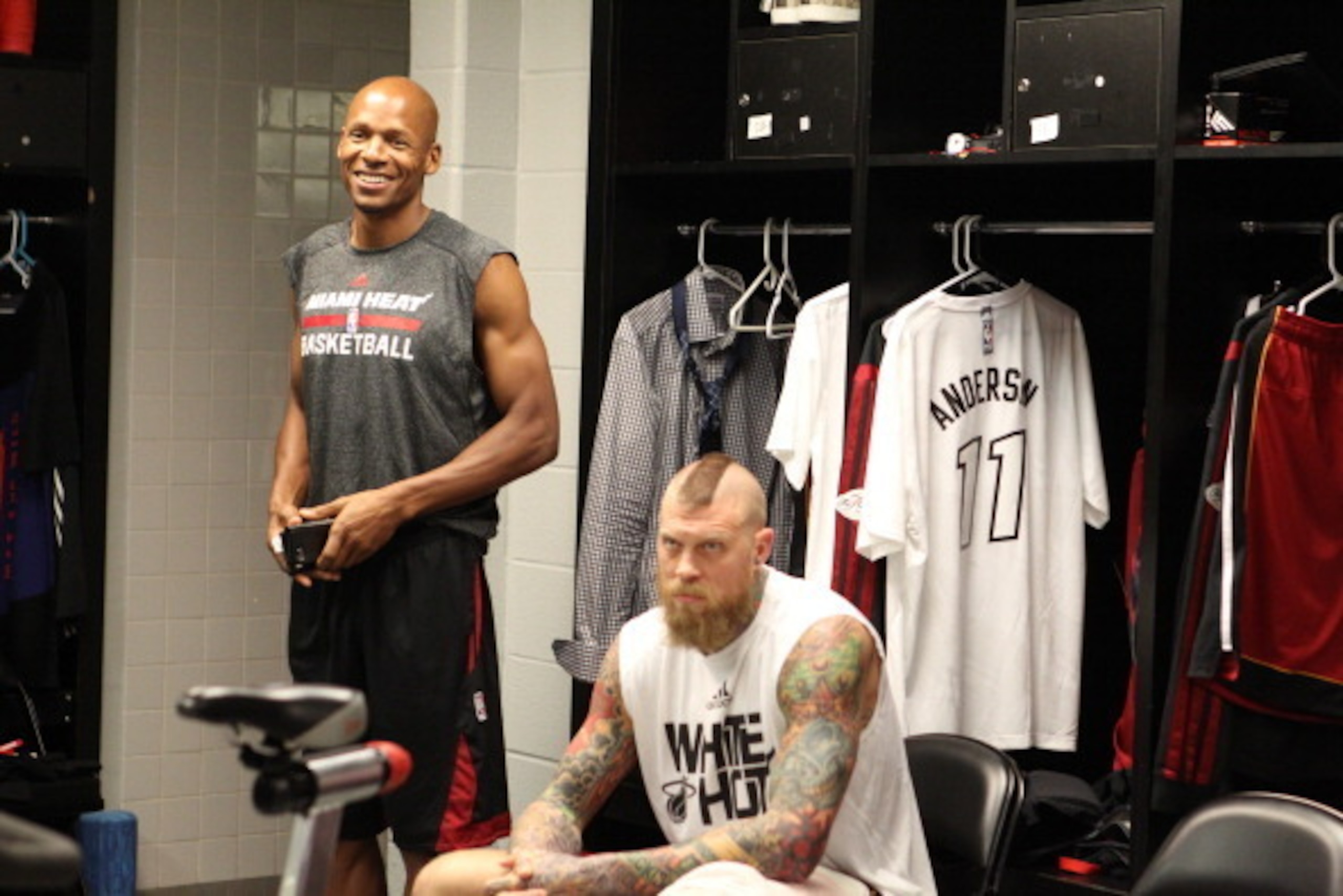 SAN ANTONIO, TX - JUNE 5: Ray Allen #34 and Chris Andersen #11 of the Miami Heat before the game against the San Antonio Spurs in Game One of the 2014 NBA Finals at AT&T Center on June 5, 2014 in San Antonio, Texas. NOTE TO USER: User expressly acknowledg