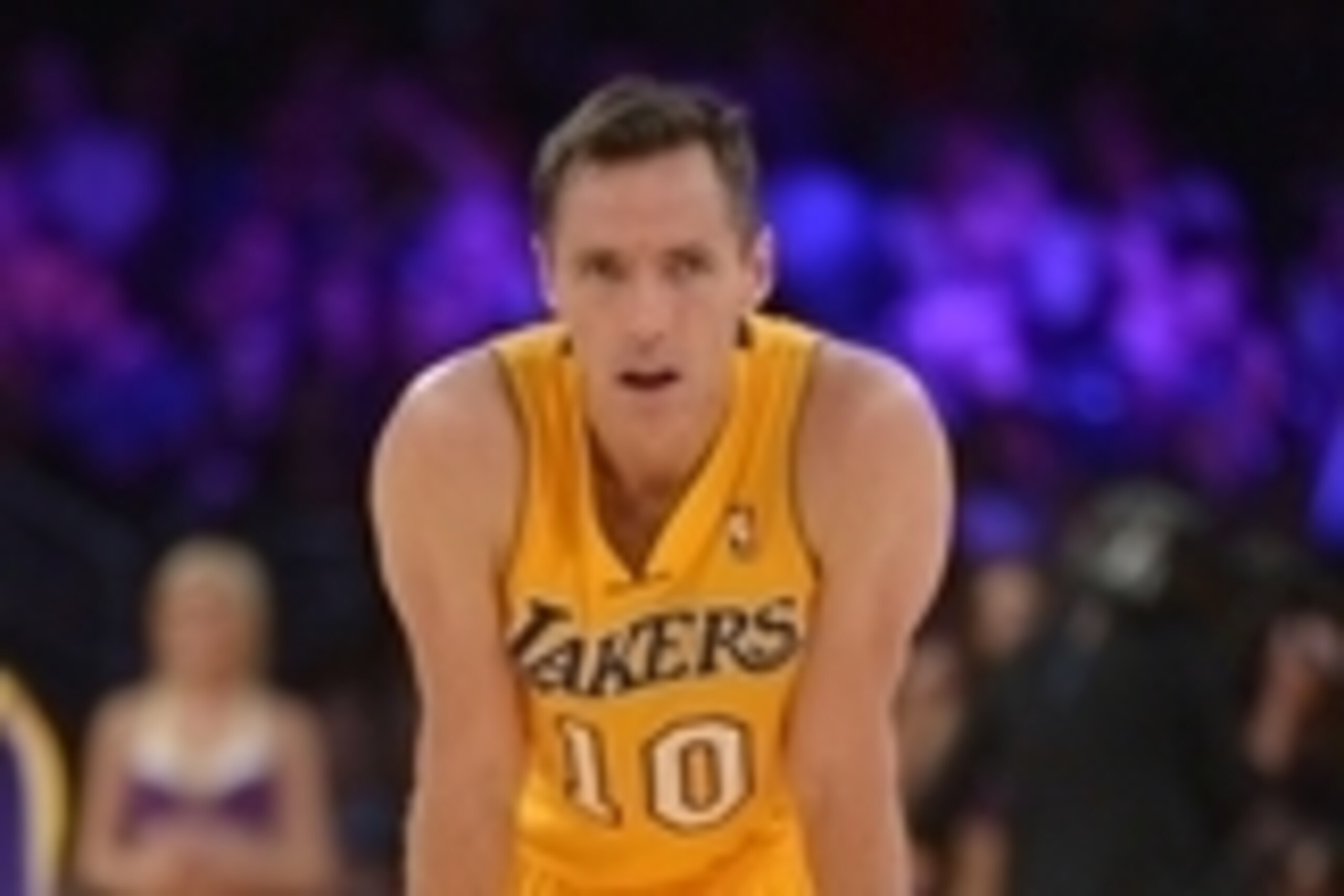 Apr 4, 2014; Los Angeles, CA, USA; Los Angeles Lakers guard Steve Nash (10) during the game against the Dallas Mavericks at Staples Center. The Mavericks defeated the Lakers 107-95.  Mandatory Credit: Kirby Lee-USA TODAY Sports