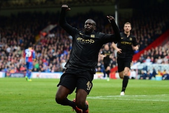 LONDON, ENGLAND - APRIL 27:  Yaya Toure of Manchester City celebrates scoring his team's second goal during the Barclays Premier League match between Crystal Palace and Manchester City at Selhurst Park on April 27, 2014 in London, England.  (Photo by Jami