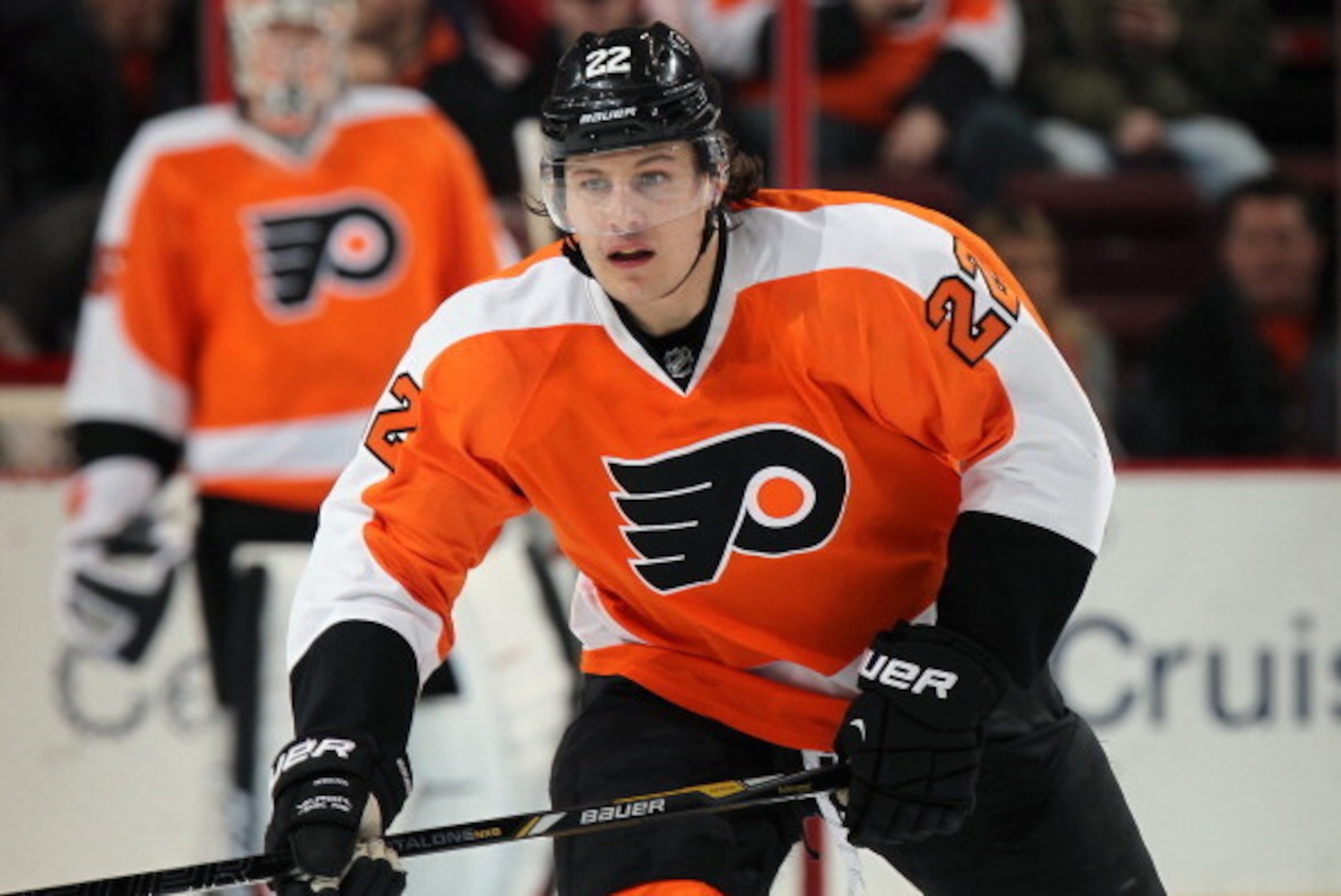 PHILADELPHIA, PA - JANUARY 28:  Luke Schenn #22 of the Philadelphia Flyers in action against the Detroit Red Wings on January 28, 2014 at the Wells Fargo Center in Philadelphia, Pennsylvania.  (Photo by Len Redkoles/NHLI via Getty Images)