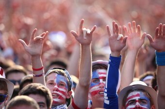 CHICAGO, IL - JUNE 22:  Fans in Grant Park watch a Group G World Cup soccer match between Portugal and the U.S. on June 22, 2014 in Chicago, Illinois. Fans were turned away from the free event after a 10,000-person capacity was reached.  Portugal tied the