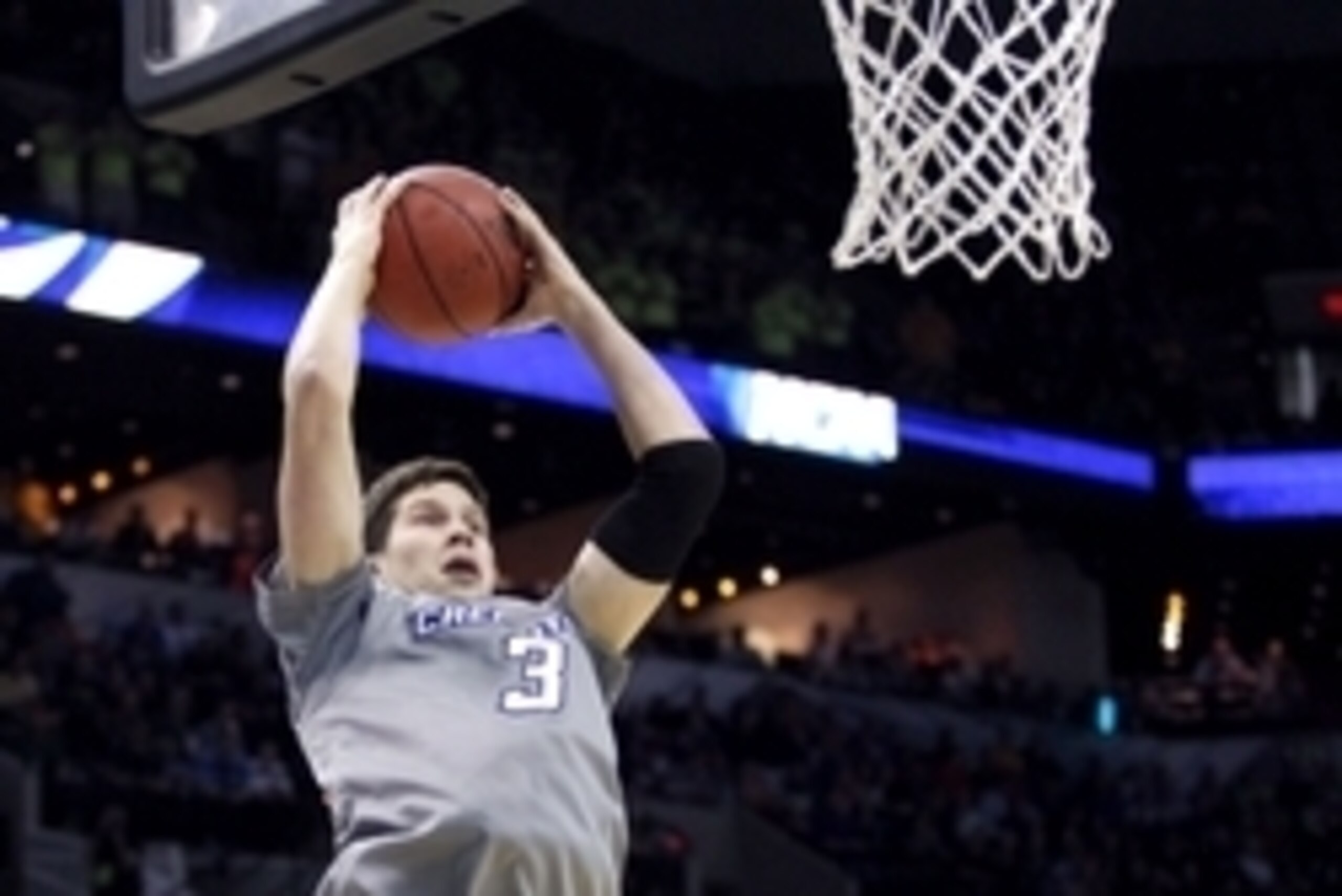 Mar 23, 2014; San Antonio, TX, USA; Creighton Bluejays forward Doug McDermott (3) gets a rebound in the first half of a men's college basketball game against the Baylor Bears during the third round of the 2014 NCAA Tournament at AT&T Center. Mandatory Cre