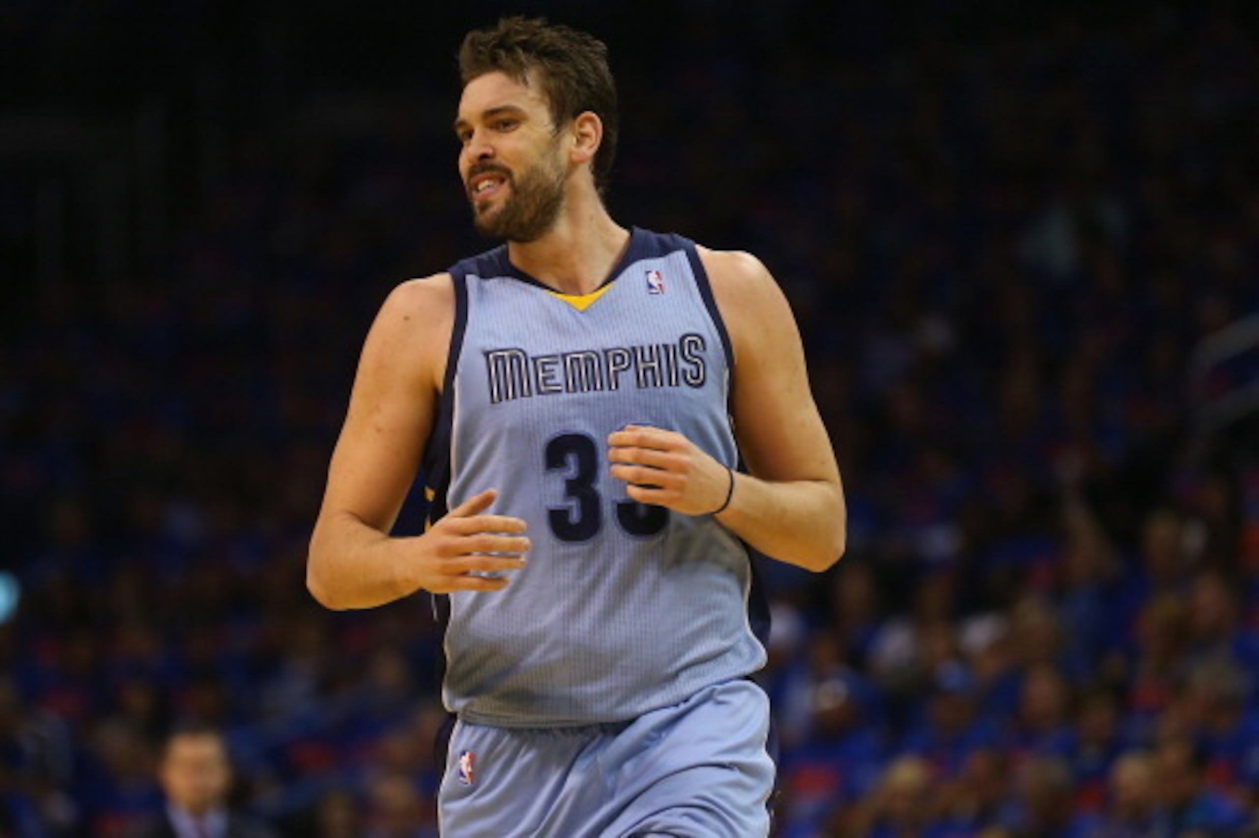 OKLAHOMA CITY, OK - MAY 03:  Marc Gasol #33 of the Memphis Grizzlies runs down court against the Oklahoma City Thunder in Game Seven of the Western Conference Quarterfinals during the 2014 NBA Playoffs at Chesapeake Energy Arena on May 3, 2014 in Oklahoma