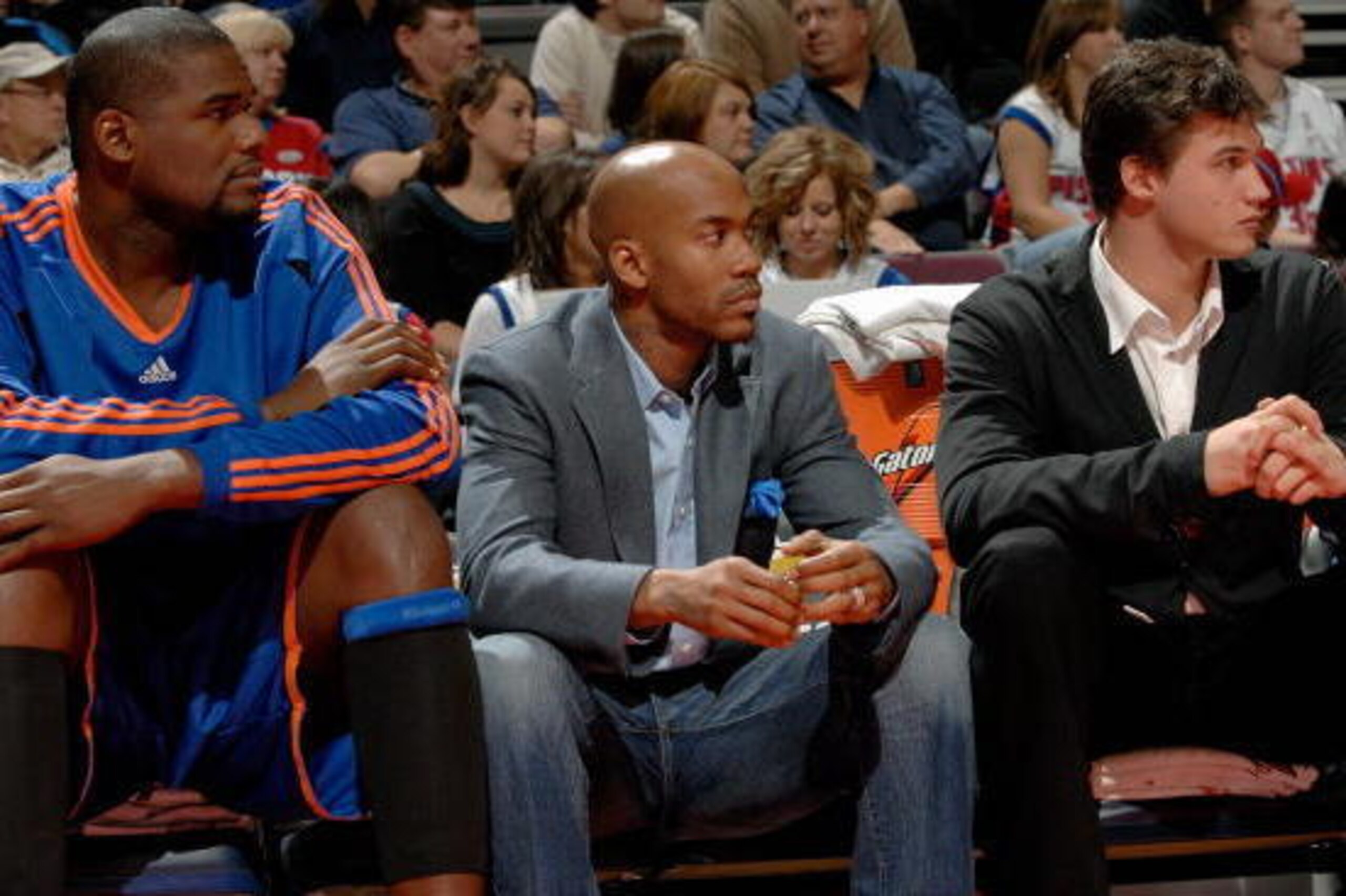 AUBURN HILLS, MI - NOVEMBER 26:  (L-R) Malik Rose #31, Stephon Marbury #3 and Danilo Gallineri #8 of the New York Knicks sit on the bench during the game against the Detroit Pistons on November 26, 2008 at The Palace of Auburn Hills in Auburn Hills, Michi