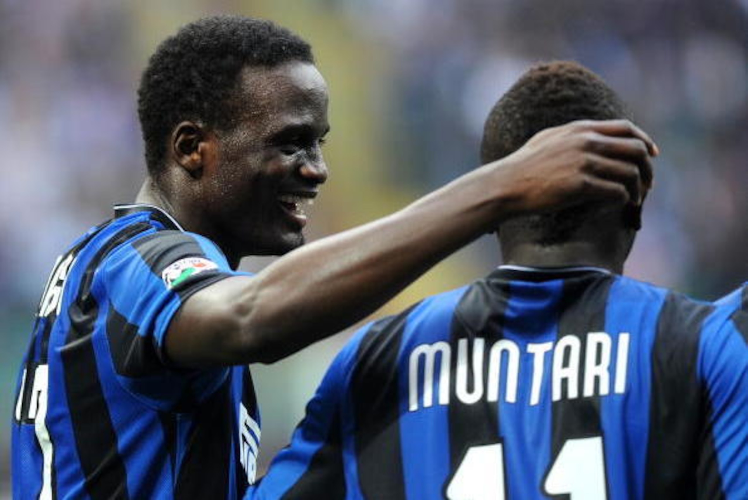 MILAN, ITALY - APRIL 24:  Mcdonald Mariga of FC Internazionale Milano celebrates scoring his team's second goal with team mate Sulley Ali Muntari during the Serie A match between FC Internazionale Milano and Atalanta BC at Stadio Giuseppe Meazza on April 