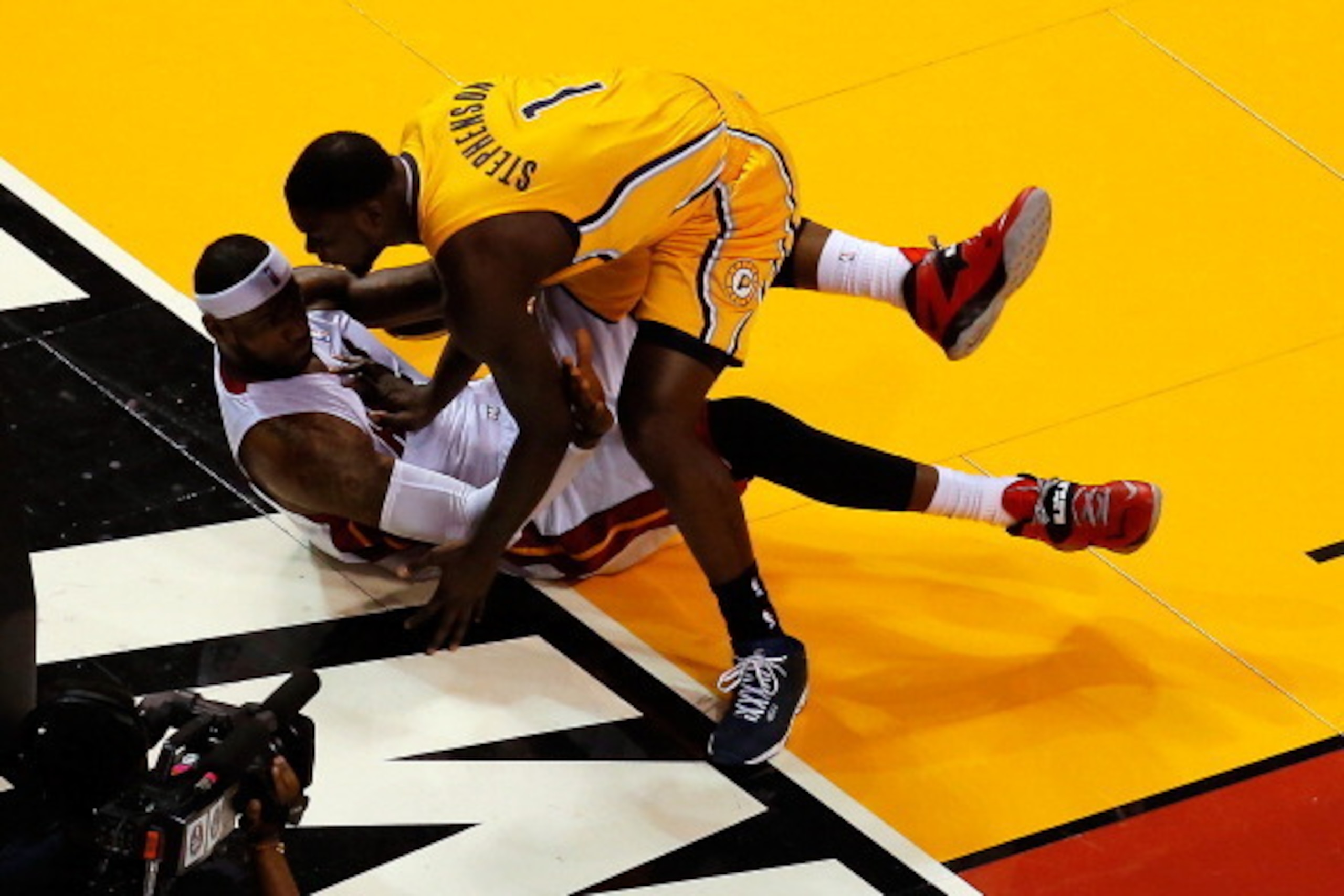 MIAMI, FL - MAY 30: Lance Stephenson #1 of the Indiana Pacers stands over LeBron James #6 of the Miami Heat during Game Six of the Eastern Conference Finals of the 2014 NBA Playoffs at American Airlines Arena on May 30, 2014 in Miami, Florida. NOTE TO U MIAMI, FL - MAY 30: Lance Stephenson #1 of the Indiana Pacers stands over LeBron James #6 of the Miami Heat during Game Six of the Eastern Conference Finals of the 2014 NBA Playoffs at American Airlines Arena on May 30, 2014 in Miami, Florida. NOTE TO U