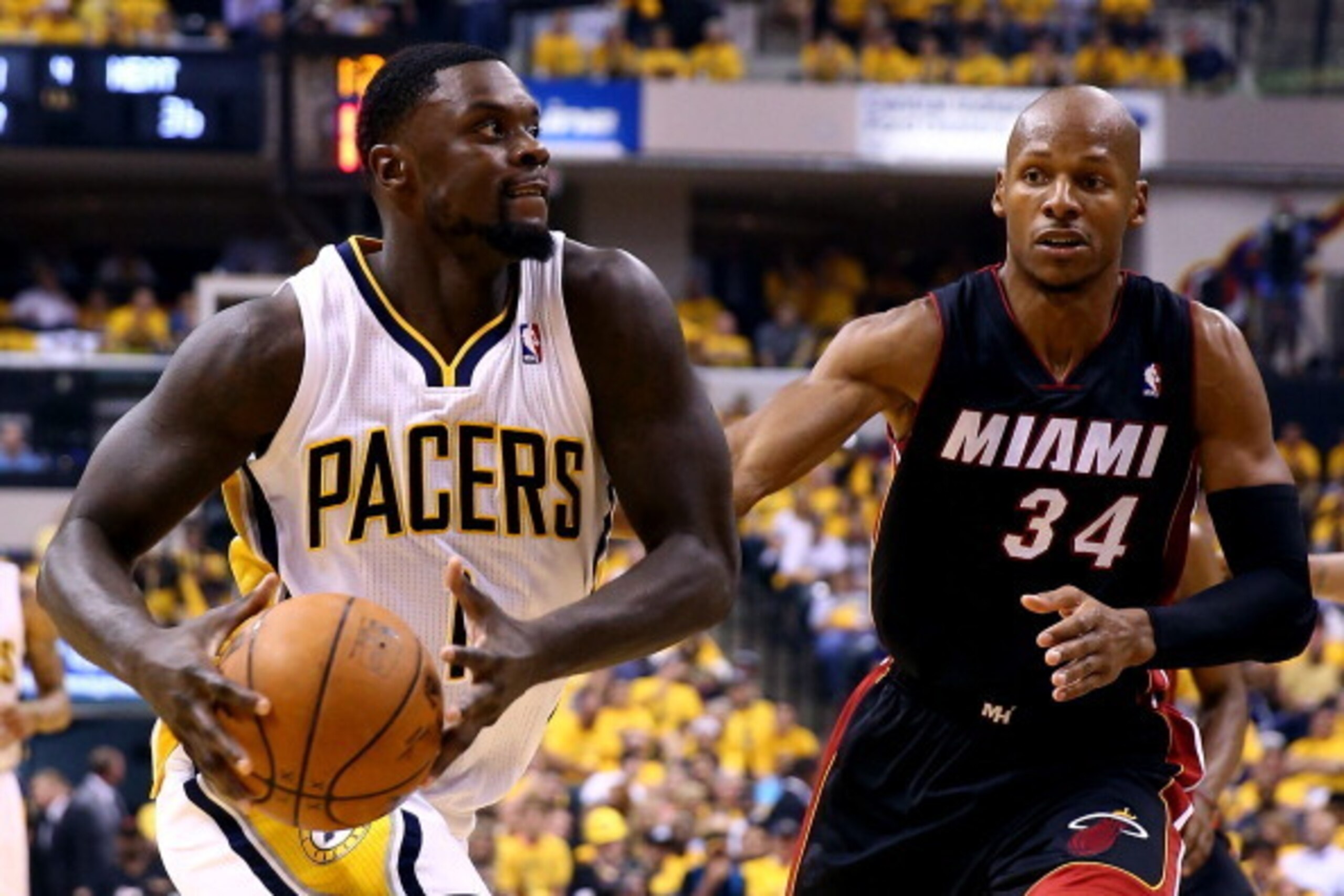 INDIANAPOLIS, IN - MAY 28: Lance Stephenson #1 of the Indiana Pacers drives to the basket as Ray Allen #34 of the Miami Heat defends during Game Five of the Eastern Conference Finals of the 2014 NBA Playoffs at Bankers Life Fieldhouse on May 28, 2014 in INDIANAPOLIS, IN - MAY 28: Lance Stephenson #1 of the Indiana Pacers drives to the basket as Ray Allen #34 of the Miami Heat defends during Game Five of the Eastern Conference Finals of the 2014 NBA Playoffs at Bankers Life Fieldhouse on May 28, 2014 in