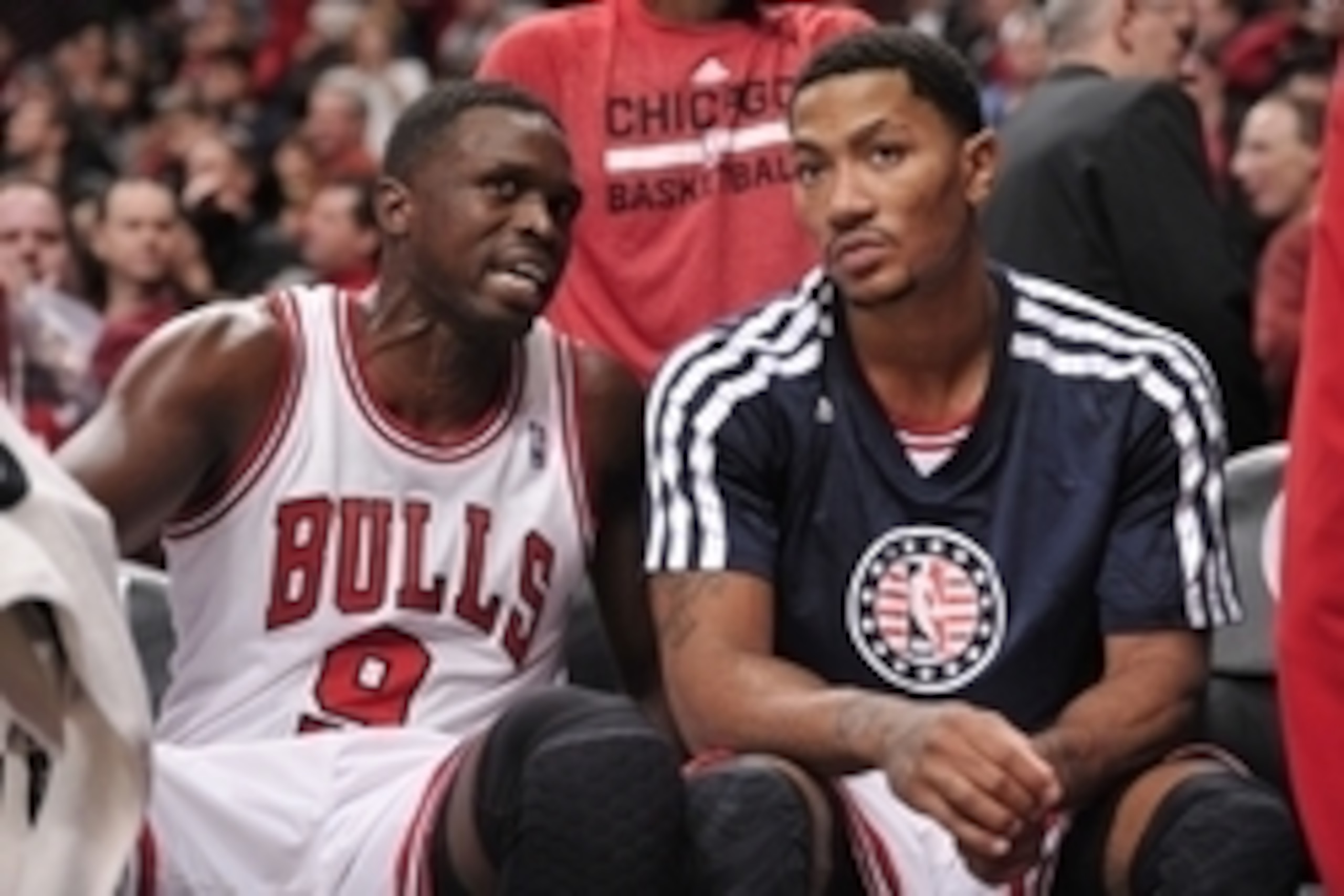 Nov 11, 2013; Chicago, IL, USA; Chicago Bulls small forward Luol Deng (9) talks with point guard Derrick Rose (1) on the bench during the second half against the Cleveland Cavaliers at the United Center. The Bulls won 96-81. Mandatory Credit: Rob Grabowsk Nov 11, 2013; Chicago, IL, USA; Chicago Bulls small forward Luol Deng (9) talks with point guard Derrick Rose (1) on the bench during the second half against the Cleveland Cavaliers at the United Center. The Bulls won 96-81. Mandatory Credit: Rob Grabowsk