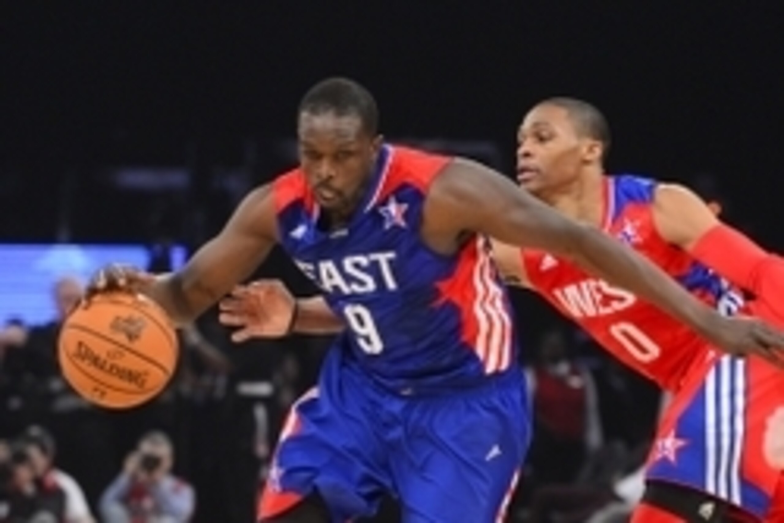 Feb 17, 2013; Houston, TX, USA; Eastern Conference forward Luol Deng (9) of the Chicago Bulls drives past Western Conference guard Russell Westbrook (0) of the Oklahoma City Thunder in the fourth quarter of the 2013 NBA all star game at the Toyota Center. Feb 17, 2013; Houston, TX, USA; Eastern Conference forward Luol Deng (9) of the Chicago Bulls drives past Western Conference guard Russell Westbrook (0) of the Oklahoma City Thunder in the fourth quarter of the 2013 NBA all star game at the Toyota Center.