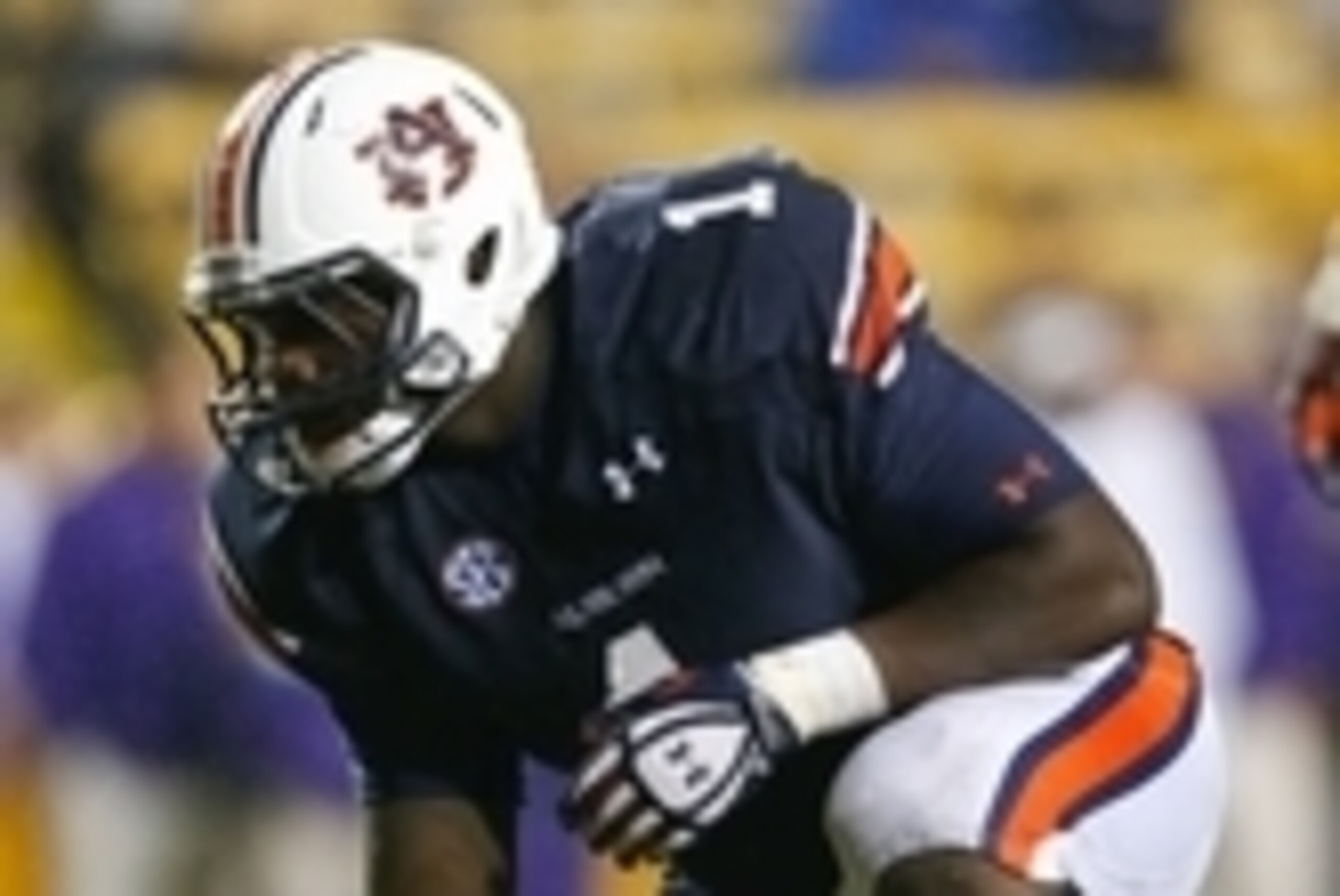 Sep 21, 2013; Baton Rouge, LA, USA; Auburn Tigers defensive tackle Montravius Adams (1) against the LSU Tigers during the second half of a game at Tiger Stadium. LSU defeated Auburn 35-21. Mandatory Credit: Derick E. Hingle-USA TODAY Sports