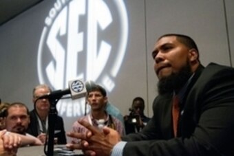 Jul 14, 2014; Hoover, AL, USA; Auburn Tigers defensive lineman Gabe Wright talks to the media during the SEC Football Media Days at the Wynfrey Hotel. Mandatory Credit: Marvin Gentry-USA TODAY Sports