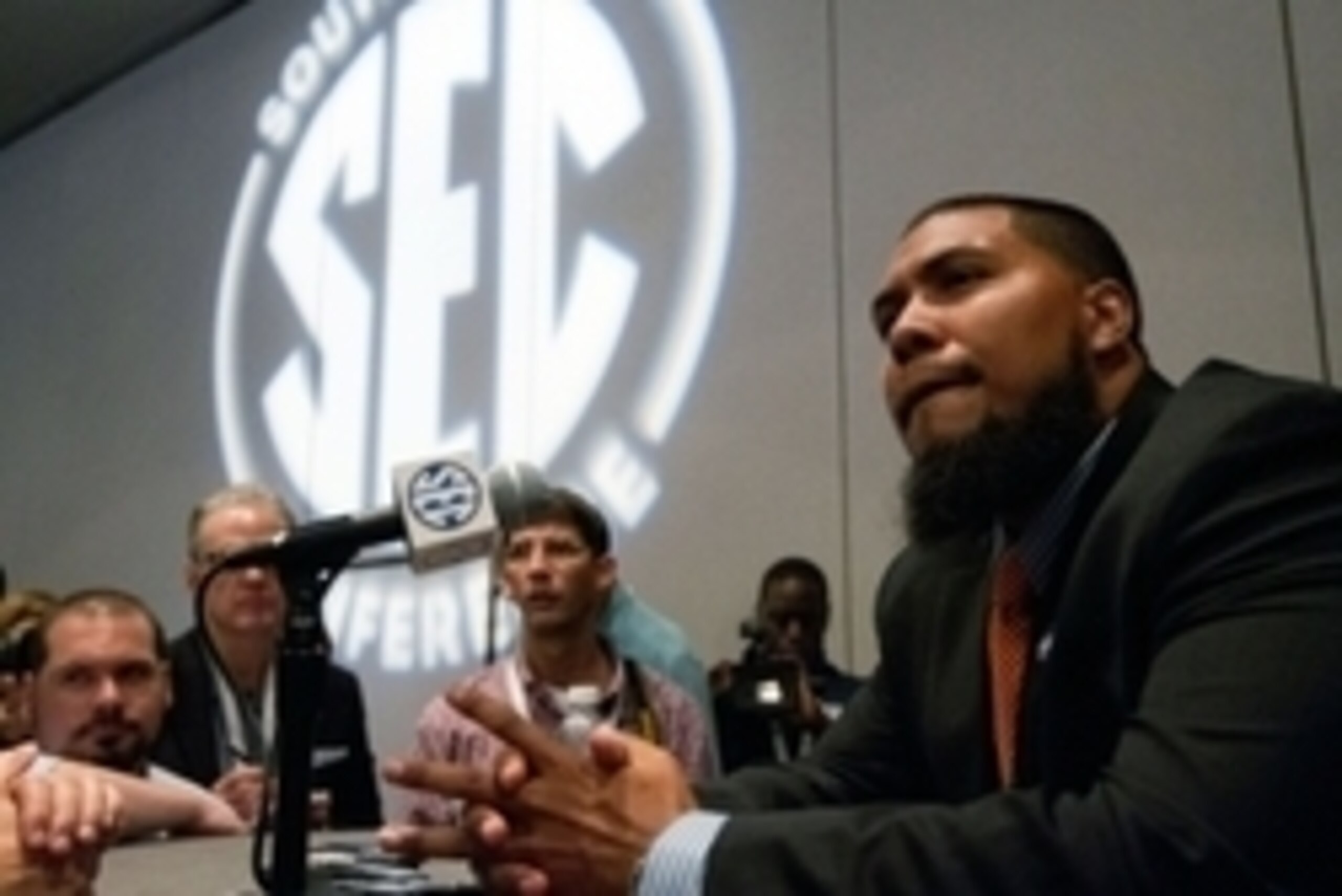 Jul 14, 2014; Hoover, AL, USA; Auburn Tigers defensive lineman Gabe Wright talks to the media during the SEC Football Media Days at the Wynfrey Hotel. Mandatory Credit: Marvin Gentry-USA TODAY Sports