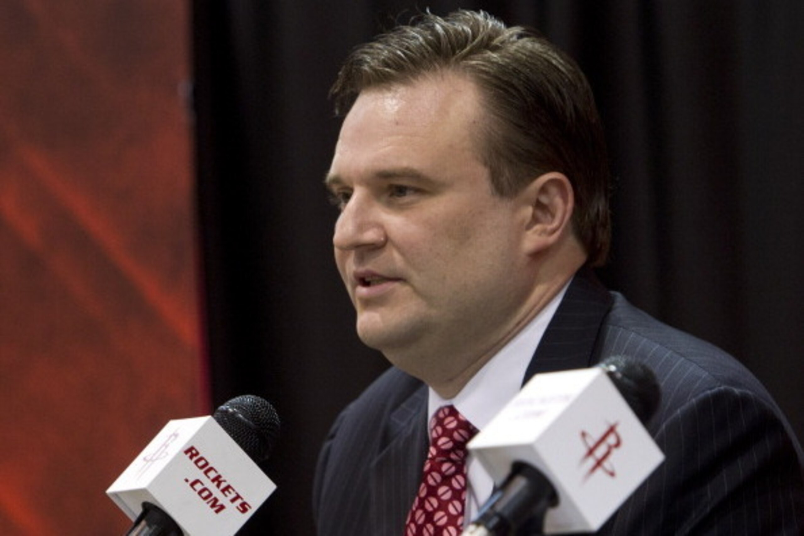 HOUSTON, TX - JULY 19: Daryl Morey, general manager of the Houston Rockets speaks during a press conference announcing the signing of Jeremy Lin at Toyota Center on July 19, 2012 in Houston, Texas.  (Photo by Bob Levey/Getty Images)