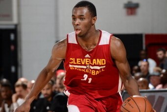 LAS VEGAS, NV - JULY 13:  Andrew Wiggins #21 of the Cleveland Cavaliers handles the ball against the San Antonio Spurs on July 13, 2014 at Cox Pavilion in Las Vegas, Nevada. NOTE TO USER: User expressly acknowledges and agrees that, by downloading and or 
