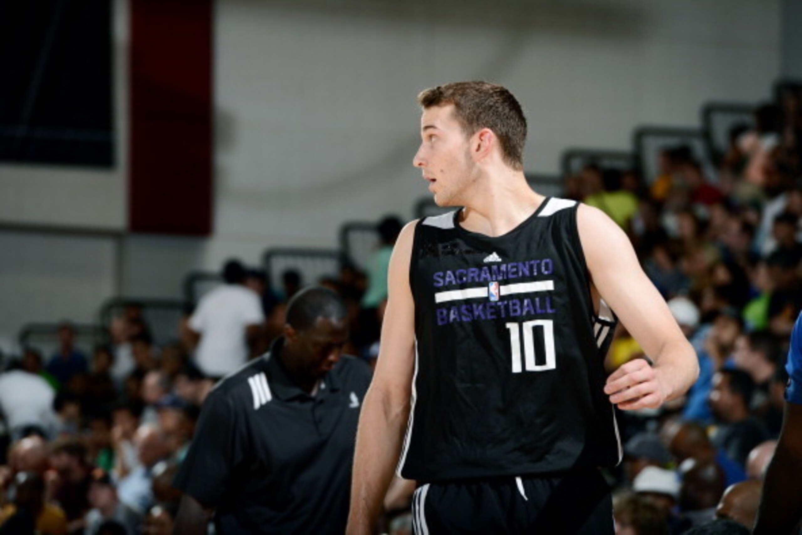 LAS VEGAS, NV - JULY 13: Nik Stauskas #10 of the Sacramento Kings stands on the court during a game against the Charlotte Hornets on July 13, 2014 at Cox Pavilion in Las Vegas, Nevada. NOTE TO USER: User expressly acknowledges and agrees that, by download LAS VEGAS, NV - JULY 13: Nik Stauskas #10 of the Sacramento Kings stands on the court during a game against the Charlotte Hornets on July 13, 2014 at Cox Pavilion in Las Vegas, Nevada. NOTE TO USER: User expressly acknowledges and agrees that, by download