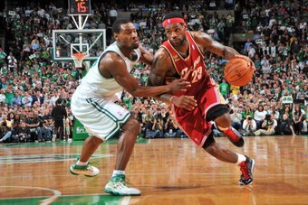 BOSTON - MAY 13: LeBron James #23 of the Cleveland Cavaliers drives to the basket against Tony Allen #42 of the Boston Celtics in Game Six of the Eastern Conference Semifinals during the 2010 NBA Playoffs at TD Garden on May 13, 2010 in Boston, Massachuse