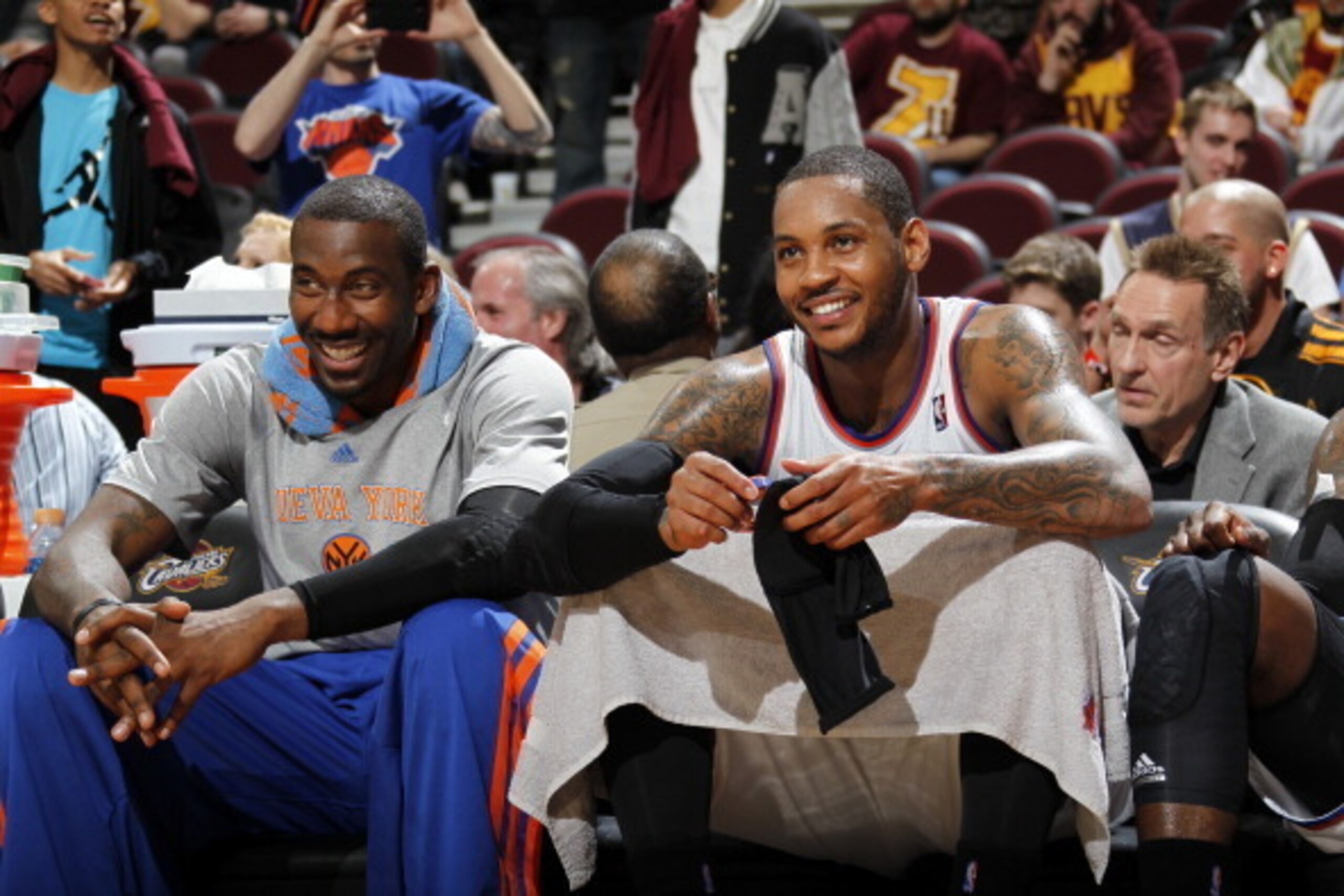 CLEVELAND, OH - MARCH 8: Amar'e Stoudemire #1 and Carmelo Anthony #7 of the New York Knicks sit on the sideline during a game against the Cleveland Cavaliers at The Quicken Loans Arena on February 8, 2014 in Cleveland, Ohio. NOTE TO USER: User expressly a