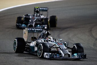 SAKHIR, BAHRAIN - APRIL 06:  Lewis Hamilton of Great Britain and Mercedes GP leads from team mate Nico Rosberg of Germany and Mercedes GP during the Bahrain Formula One Grand Prix at the Bahrain International Circuit on April 6, 2014 in Sakhir, Bahrain.