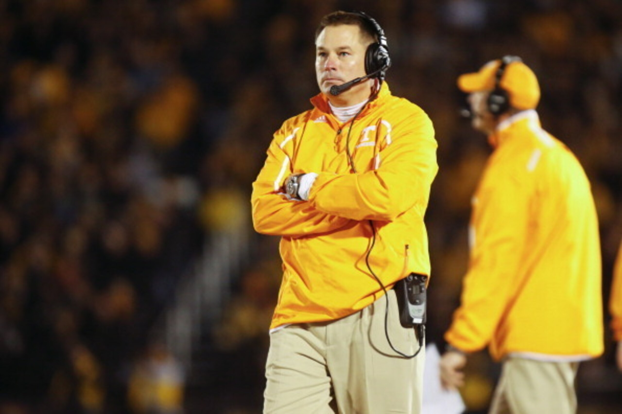 COLUMBIA, MO - NOVEMBER 2:  Butch Jones head coach of the Tennessee Volunteers paces up the field in the second quarter during the game against the Missouri Tigers on November 2, 2013 at Faurot Field/Memorial Stadium in Columbia, Missouri. (Photo by Kyle 