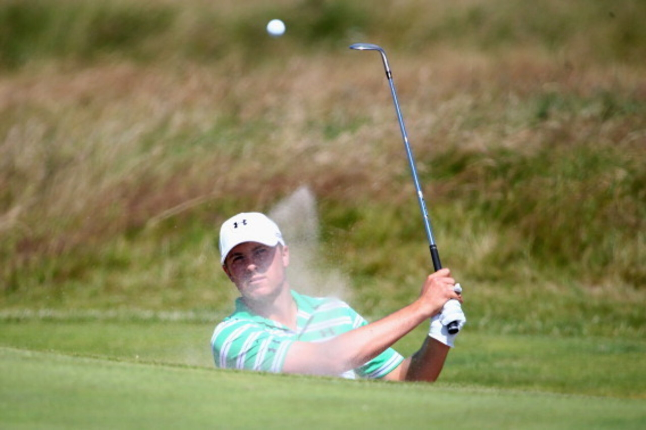HOYLAKE, ENGLAND - JULY 15:  Jordan Spieth of the United States watches a shot during a practice round prior to the start of The 143rd Open Championship at Royal Liverpool on July 15, 2014 in Hoylake, England.  (Photo by Matthew Lewis/Getty Images)