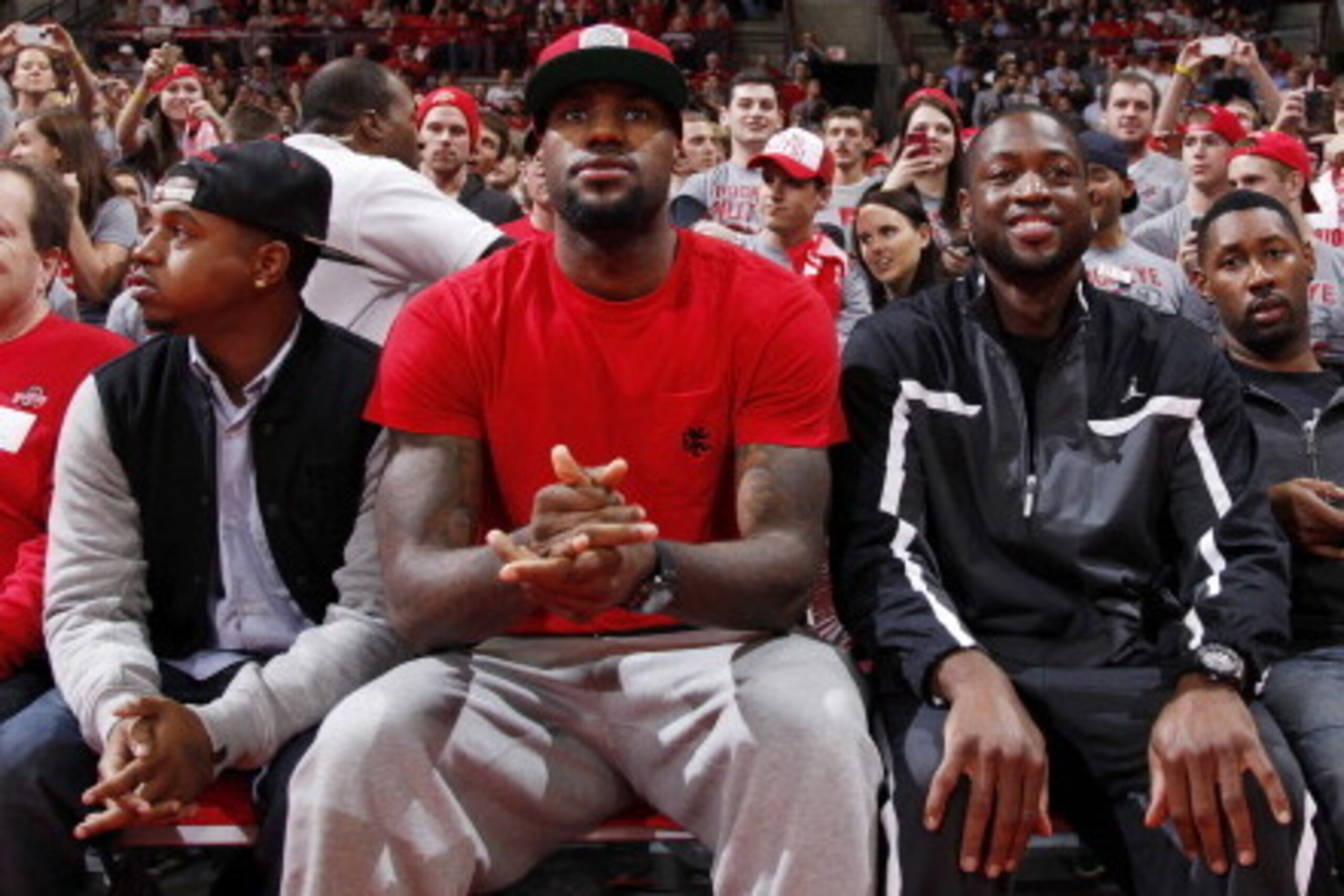 COLUMBUS, OH - NOVEMBER 29: LeBron James and Dwyane Wade of the NBA's Miami Heat look on from courtside seats during the game between the Ohio State Buckeyes and Duke Blue Devils at Value City Arena on November 29, 2011 in Columbus, Ohio. (Photo by Joe Ro
