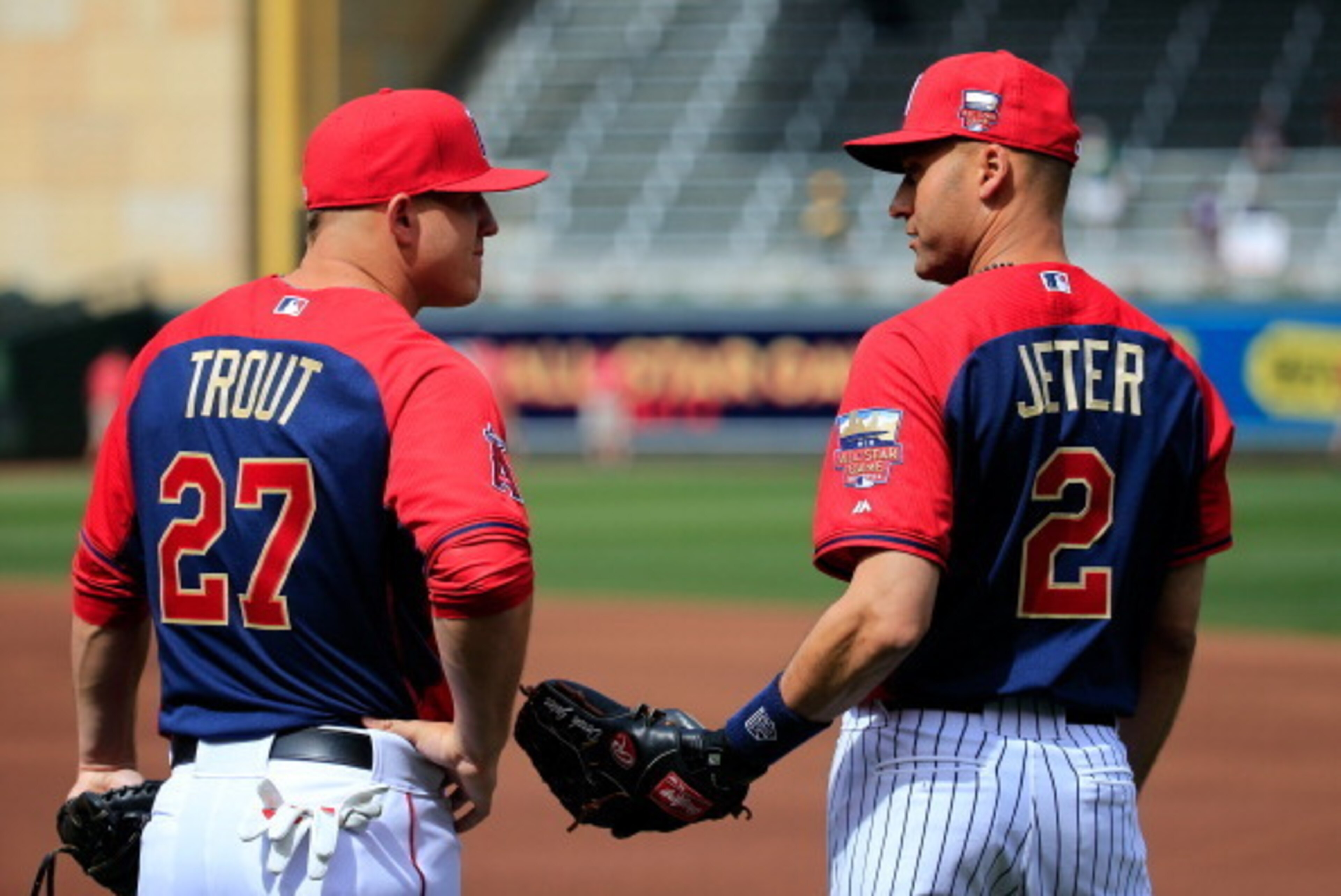 MINNEAPOLIS, MN - JULY 15: American League All-Star Derek Jeter #2 of the New York Yankees speaks with American League All-Star Mike Trout #27 of the Los Angeles Angels during batting practice prior to the 85th MLB All-Star Game at Target Field on July 1 MINNEAPOLIS, MN - JULY 15: American League All-Star Derek Jeter #2 of the New York Yankees speaks with American League All-Star Mike Trout #27 of the Los Angeles Angels during batting practice prior to the 85th MLB All-Star Game at Target Field on July 1
