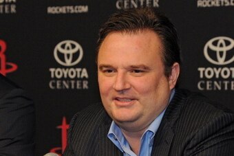 HOUSTON - June 30:  Houston Rockets GM Daryl Morey introduces the Rockets draft picks Clint Capela and Nick Johnson in Houston, Texas. NOTE TO USER: User expressly acknowledges and agrees that, by downloading and or using this photograph, User is consenti