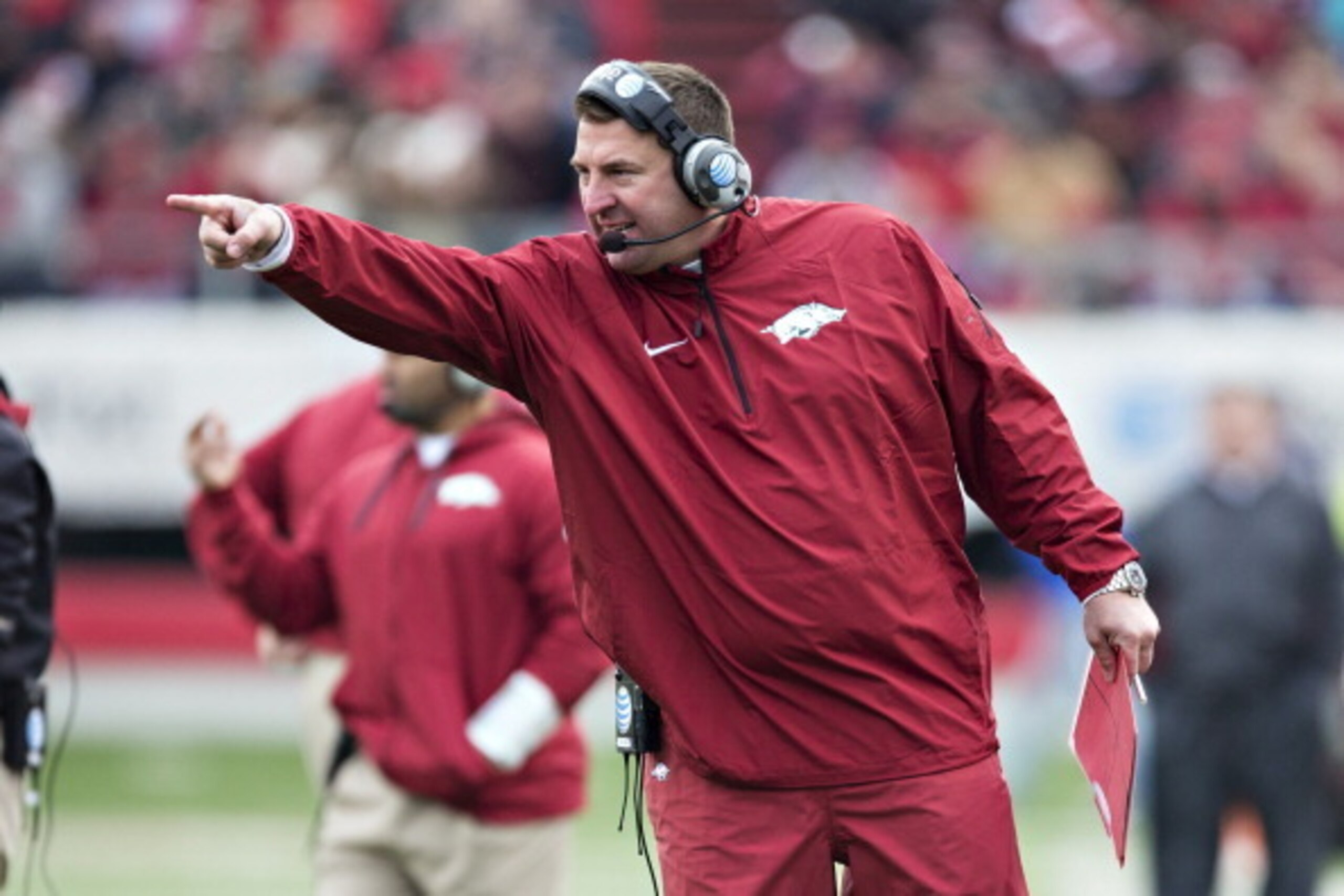 LITTLE ROCK, ARKANSAS - NOVEMBER 23:  Head Coach Bret Bielema of the Arkansas Razorbacks points to a official during a game against the Mississippi State Bulldogs at War Memorial Stadium on November 23, 2013 in Little Rock, Arkansas.  The Bulldogs defeate